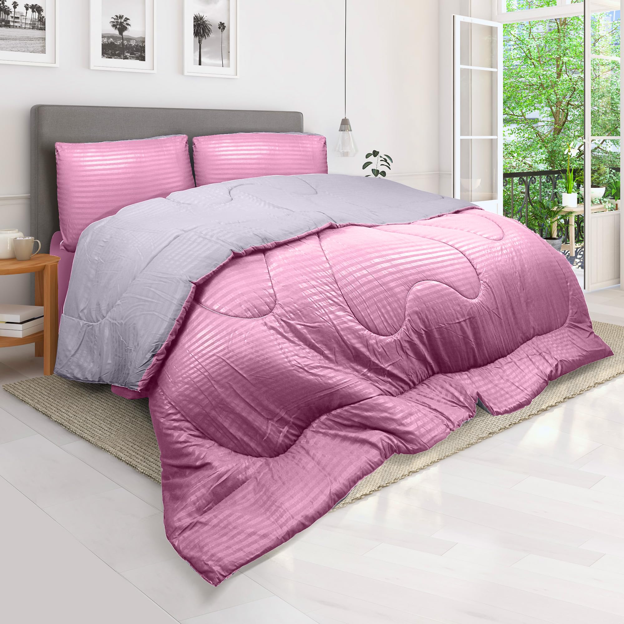 Hotel Linen KlubReversible Down Alternative Comforter Set -Ultra Soft Brushed Stripe Microfiber Fabric, 200GSM Soft Fibersheet Filling, Size : Double 220 x 240cm, Color: Pink & Light Grey