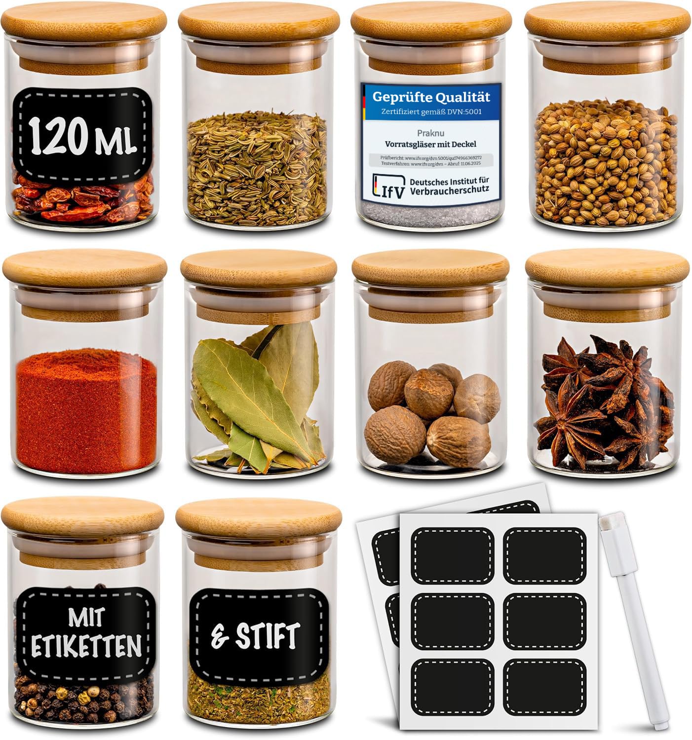Praknu Gewürzgläser 120ml - 10er Set Gewürzdosen Organizer mit Gewürzetiketten - Luftdicht - Spülmaschinenfest -Küchenorganisation - für Gewürze, Kräuter & Tee