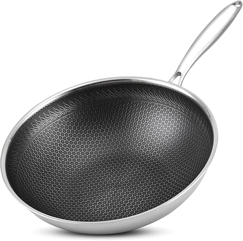 Vegoran Sartén wok de 12 pulgadas, wok de acero inoxidable, sartén antiadherente de panal con asa, sin PFOA, adecuado para cocinas de inducción,