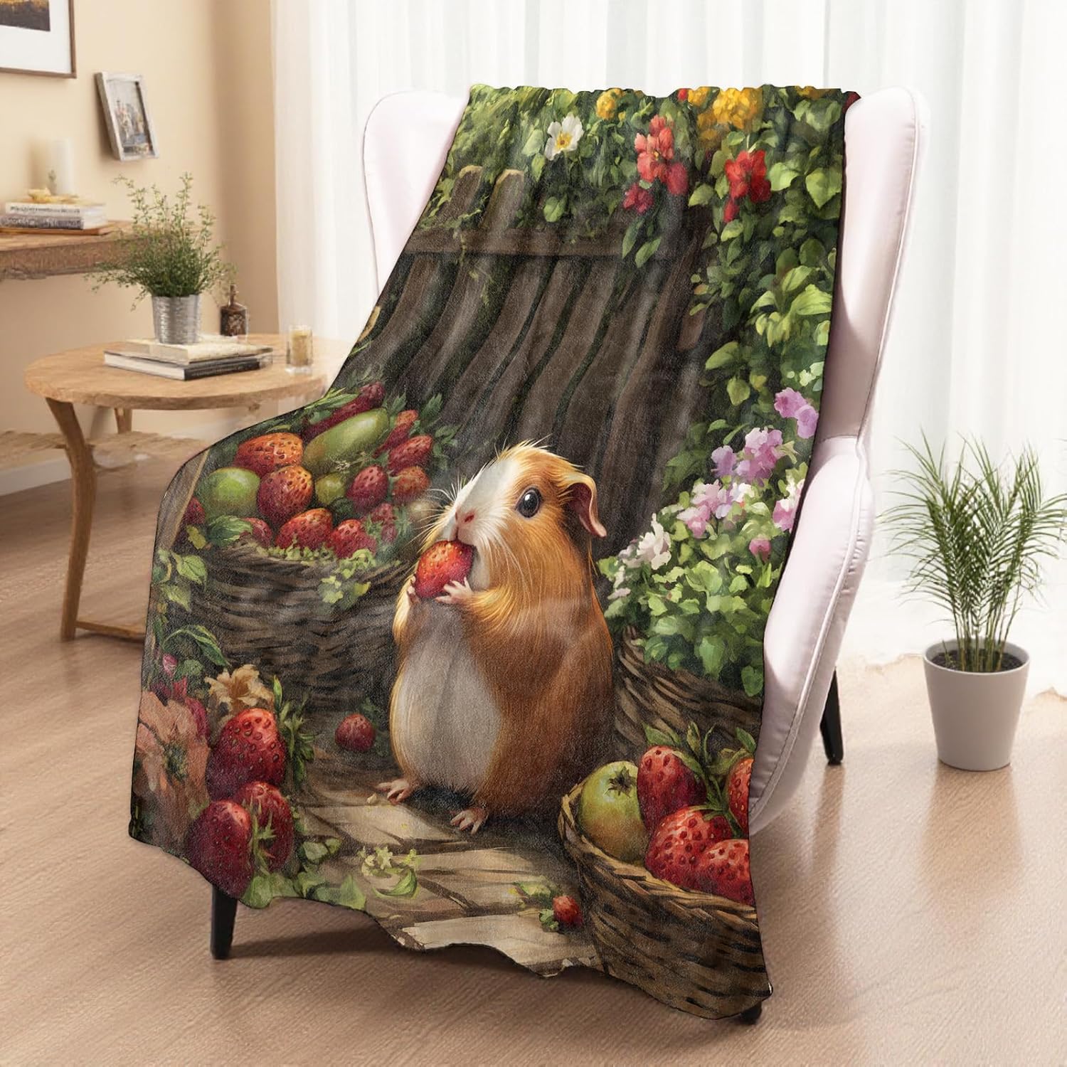 Cute Guinea Pig Blanket, Cozy Plush Strawberry Garden Throw Blanket for Couch Bedroom Outdoor, Lightweight Soft Flannel Travel Blankets, Gifts for Women Adults Kids, Warm Decor 50"×60"