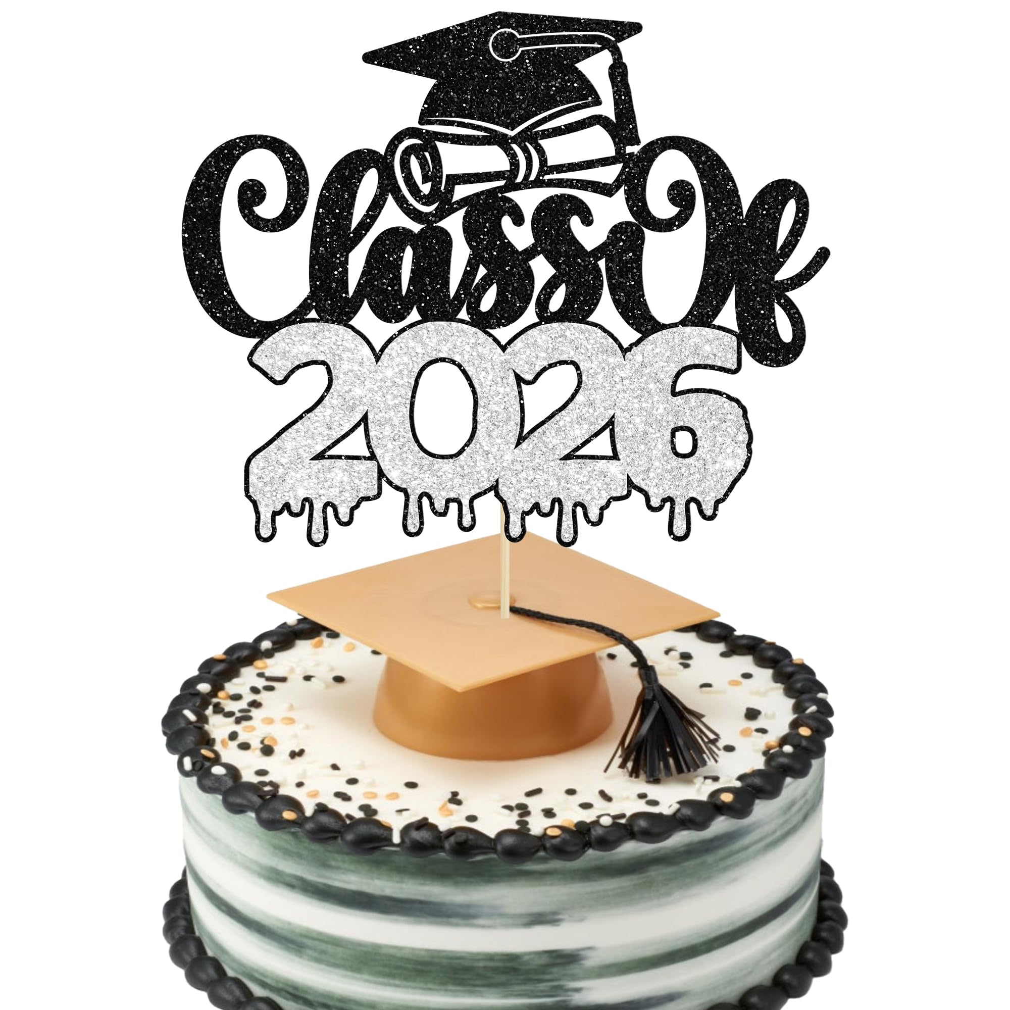 1Pc Class of 2026 Cake Topper Glitter Congrats Grad Cap 2026 Graduation Cake Pick for 2026 Graduation Theme High School Boys Girls Graduate Party Cake