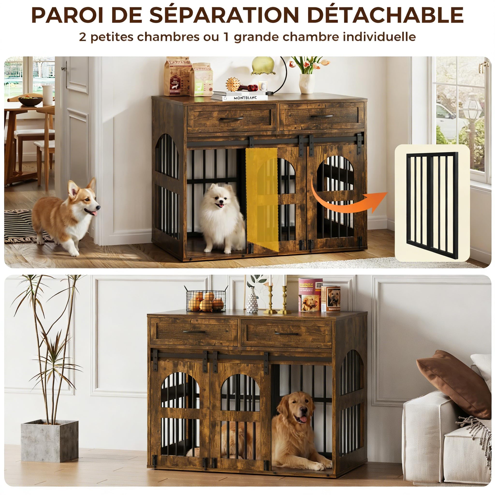 IRONCK Cage pour Chien, Meuble Cage Chien, Coffre en Bois Niche pour Chien Intérieur avec 2 Tiroirs et Cloison, Table d’Appoint 2 Portes pour Chien, 106x68x88cm