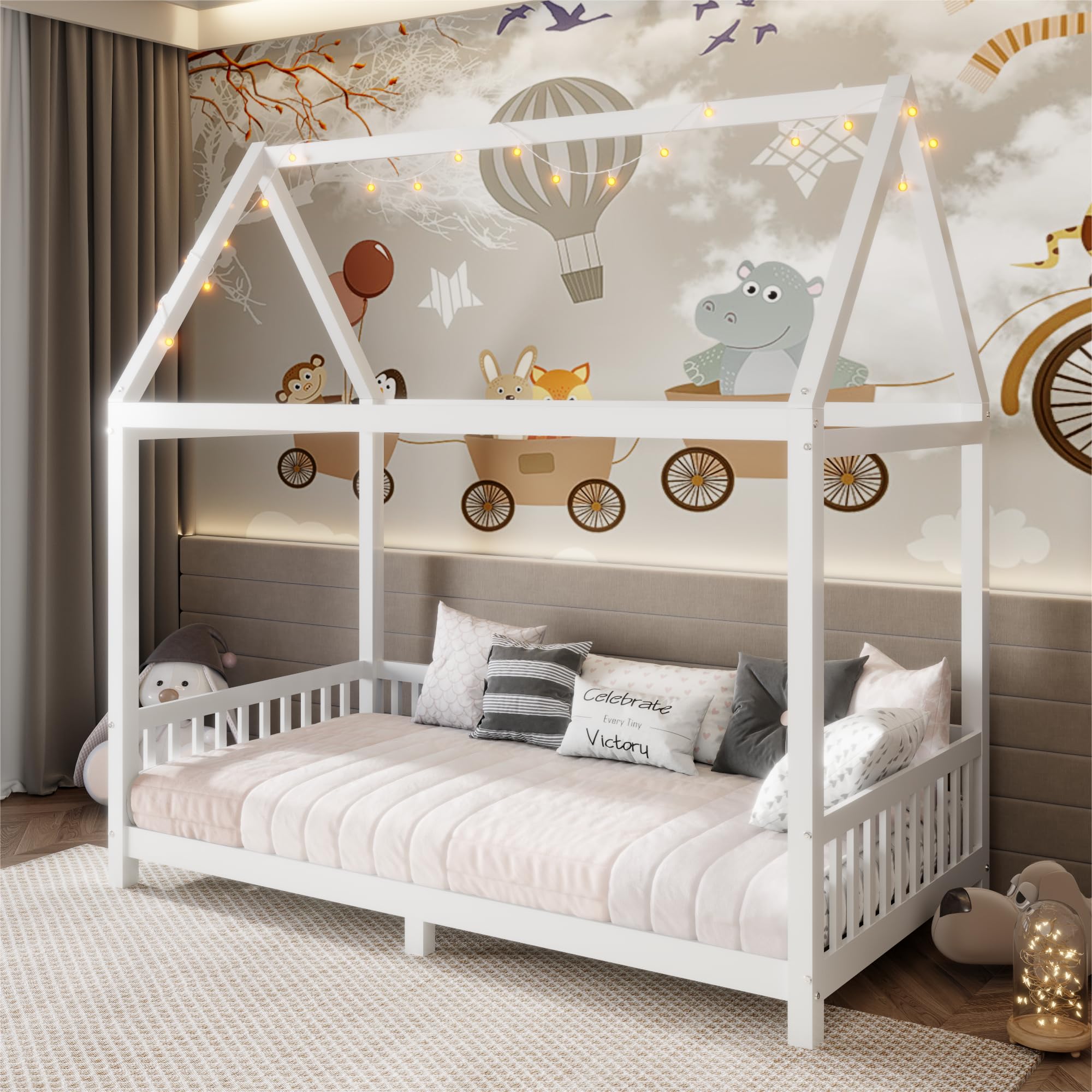 Merax Twin Size House Bed for Kids?Wood Platform Bedframe with Light and Guardrail for Toddlers Teens Girls Boys, No Box Spring Needed, White