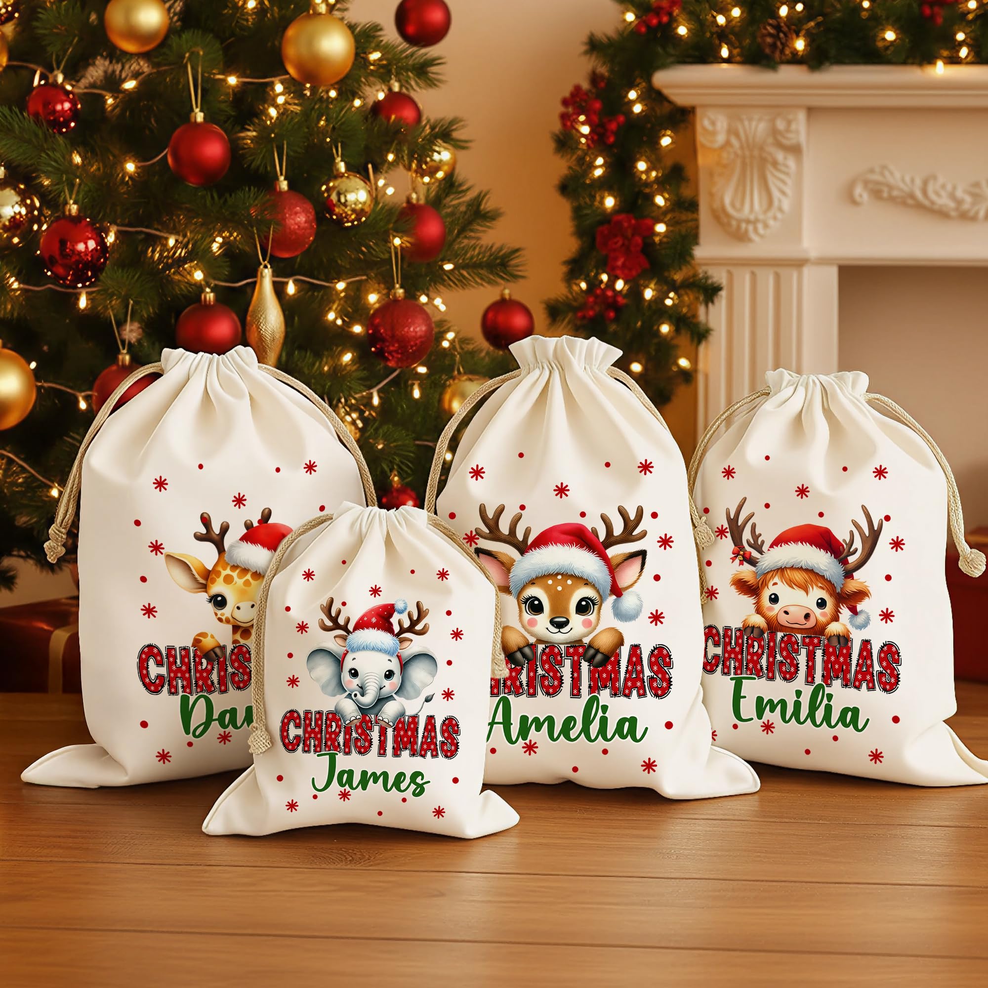 GSTFY Personalised Christmas Drawstring Gift Bags Canvas Cartoon Animal Customise Name Wrapping Gift Bags For Presents Santa hat Christmas Sacks Xmas Gifts For Family Kids 4 Sizes