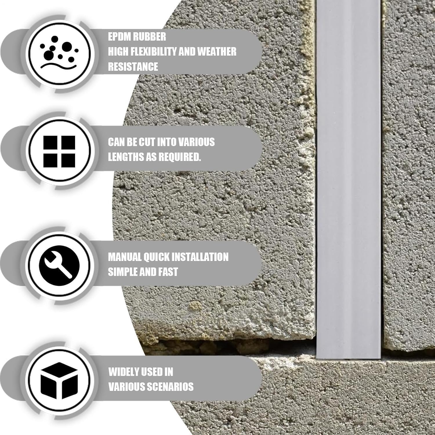 Flexible EPDM Rubber Strip Concrete Expansion Joint Filler (100 ft Long,1/2 inch Wide) Driveway and Sidewalks Crack Filler, Weather and Aging Resistant-for Concrete Crack Repair Replacement