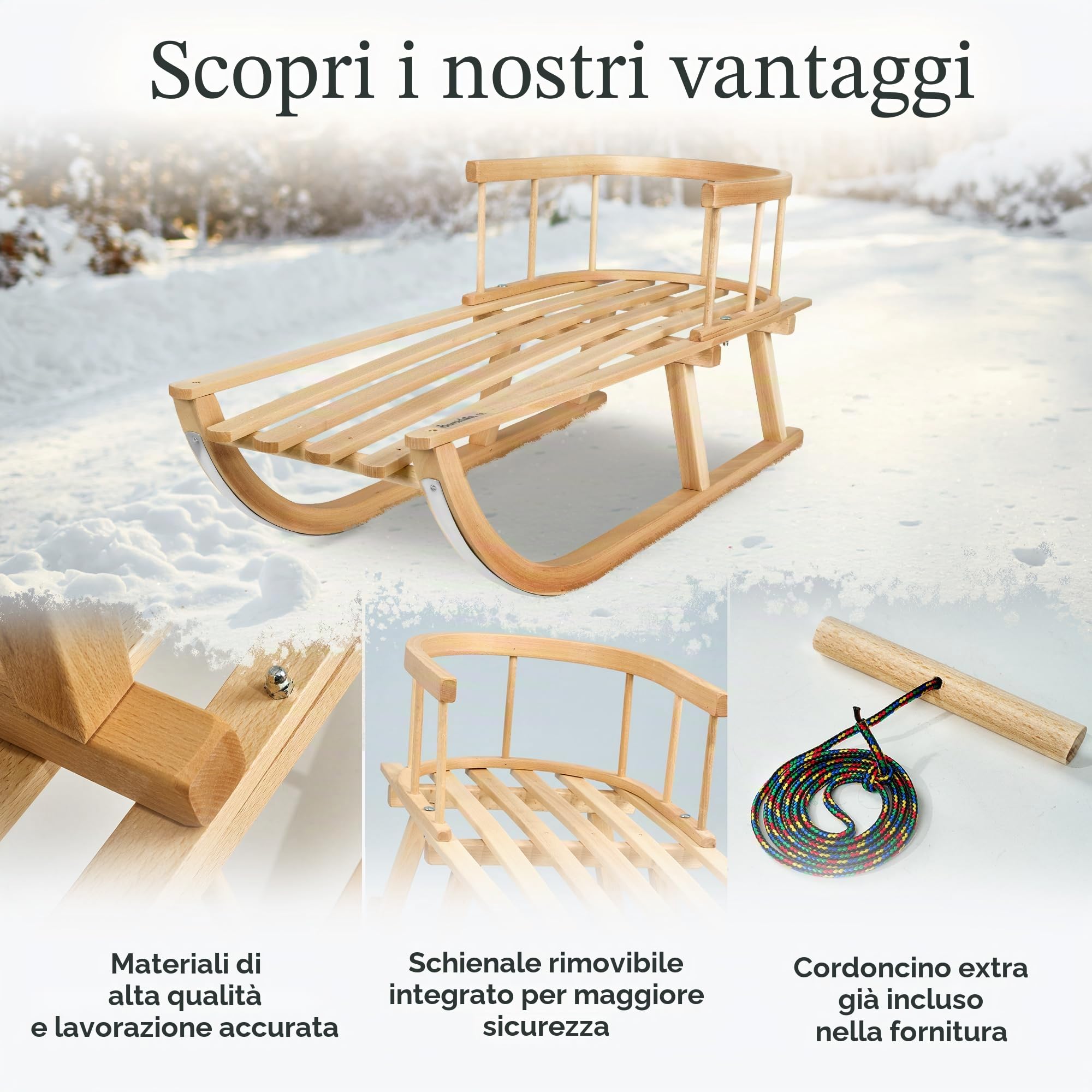 Slitta per bambini da 90 cm con schienale – Slitta in legno di faggio massiccio – Slittino da neve Davoser con guinzaglio e manico – Pattini robusti con raccordi in acciaio a scorrimento fluido