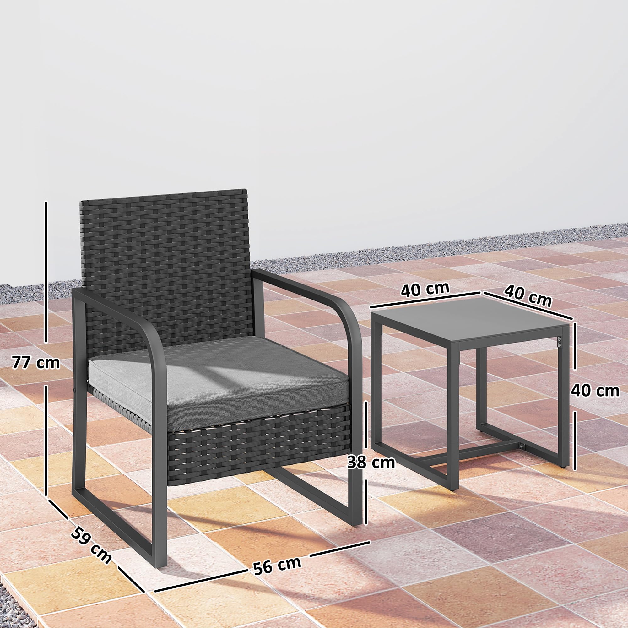 Outsunny Set da Giardino 3 Pezzi in Rattan PE e Acciaio, Set 2 Sedie con Cuscini Lavabili e Tavolino da Caffè con Piano in Vetro, Set di Mobili da Balcone, per Patio e Cortile, Grigio Scuro e Nero