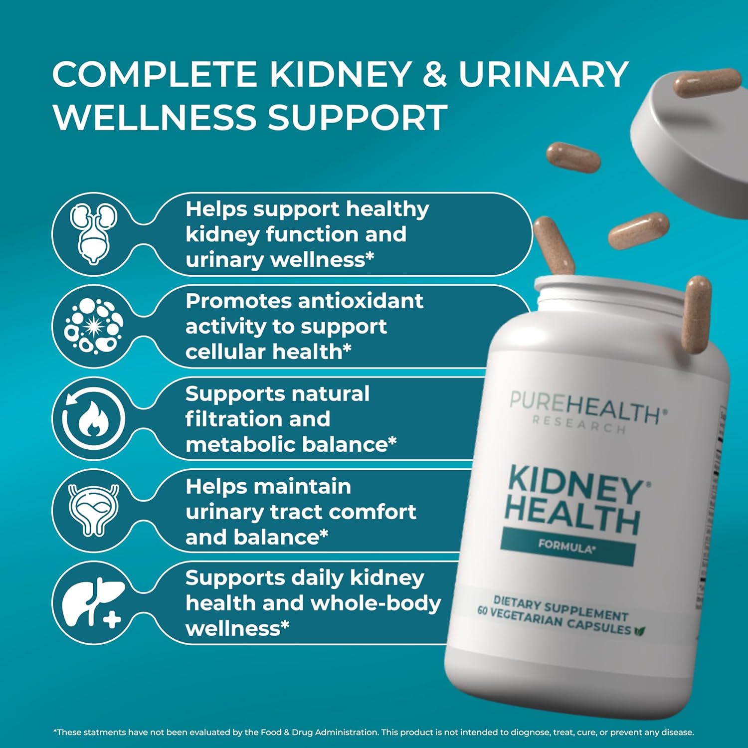 PUREHEALTH RESEARCH Kidney Health Formula - Kidney Cleanse Detox & Repair Support Supplement - with Berberine HCL, Chanca Piedra, Saffron, Grape Seed, Turmeric Root, Magnesium & More - 60 Capsules