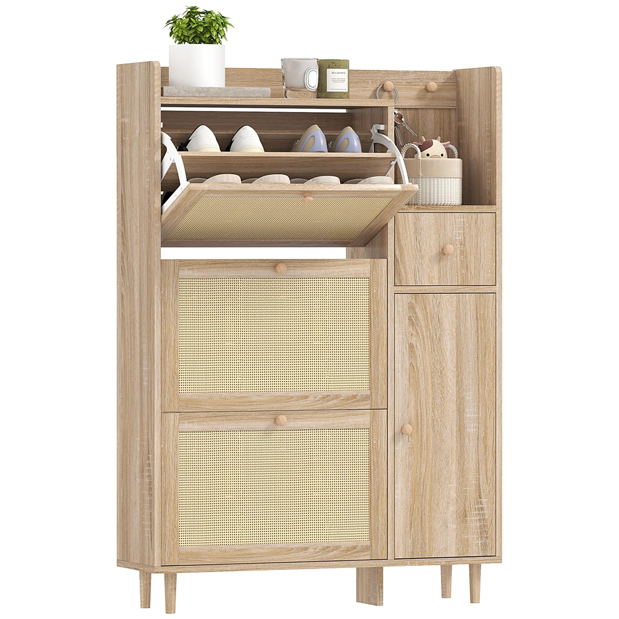 HOMCOM Mueble Zapatero Armario Zapatero con 3 Cajones Abatibles con Frentes de Ratán para 12 Pares de Zapatos Estantes Ajustables Zapatero Estrecho para Pasillo Entrada 80x23x120 cm Roble