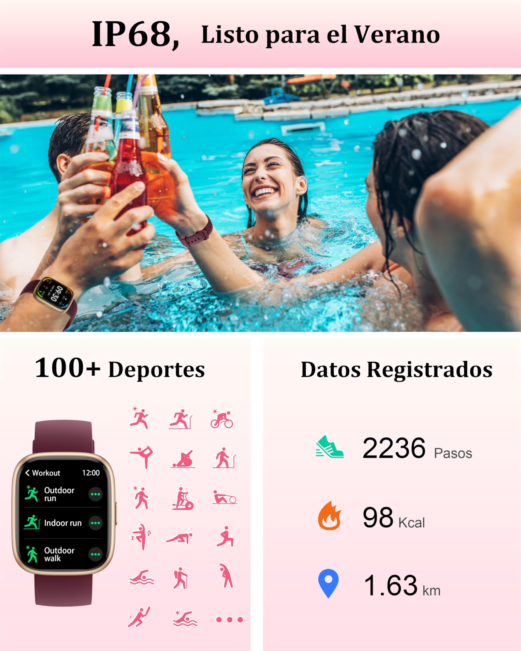 KALINCO Reloj Inteligente Mujer Hombre con Alexa, IP68 Smartwatch Deportivo Recibir Whatsapp y Llamadas, Podómetro Monitor Estrés, Sueño y Ritmo Cardíaco Drenaje de Agua Reloj Mujer Android iOS