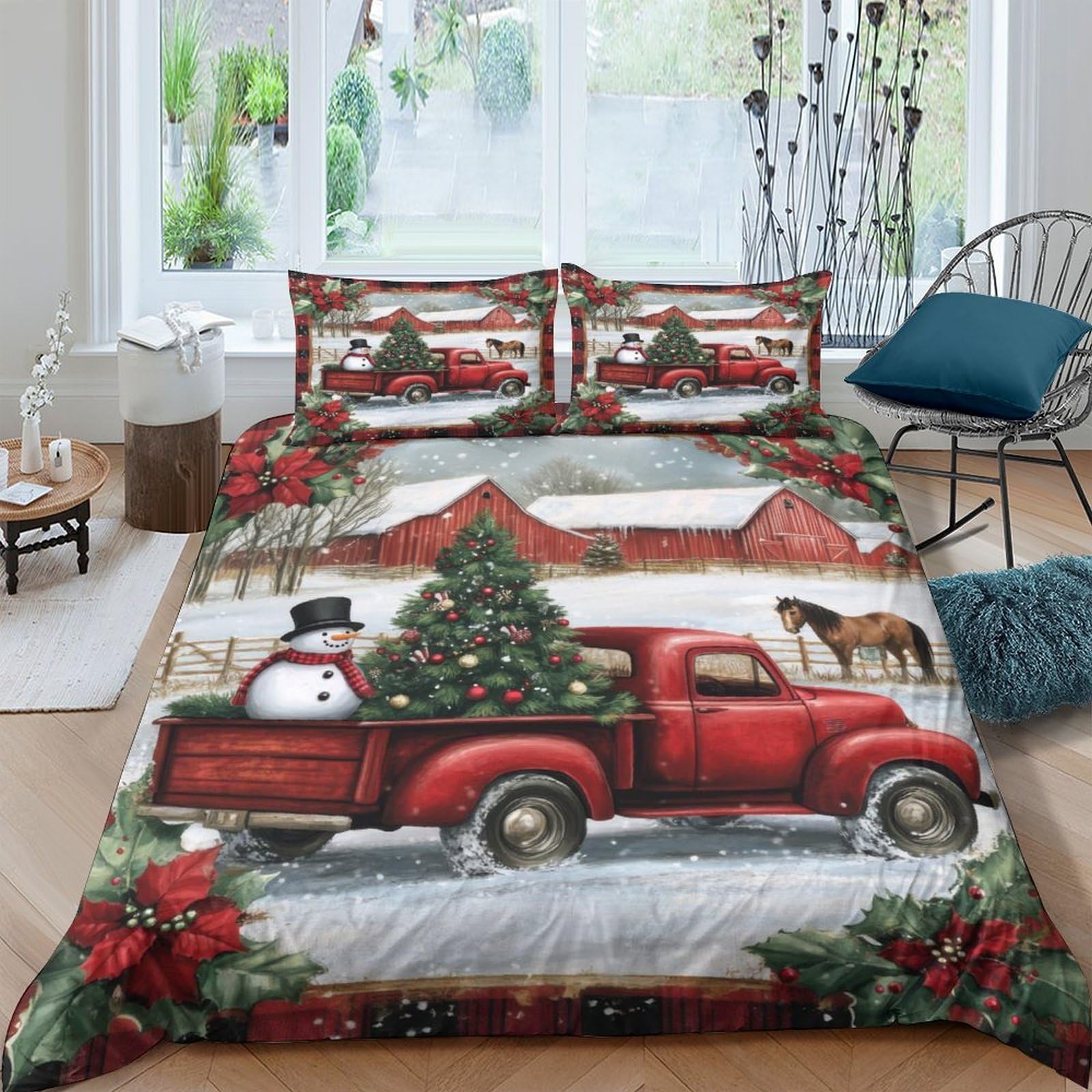 XFKLYNVCJ 3D Printed Christmas truck Bed Cover Polyester Rustic holiday scene Bedding Cover Wrinkle Resistant Shrink Resistant for Young Adults Rental Home Teen Bedroom Use Super king（260x220cm）