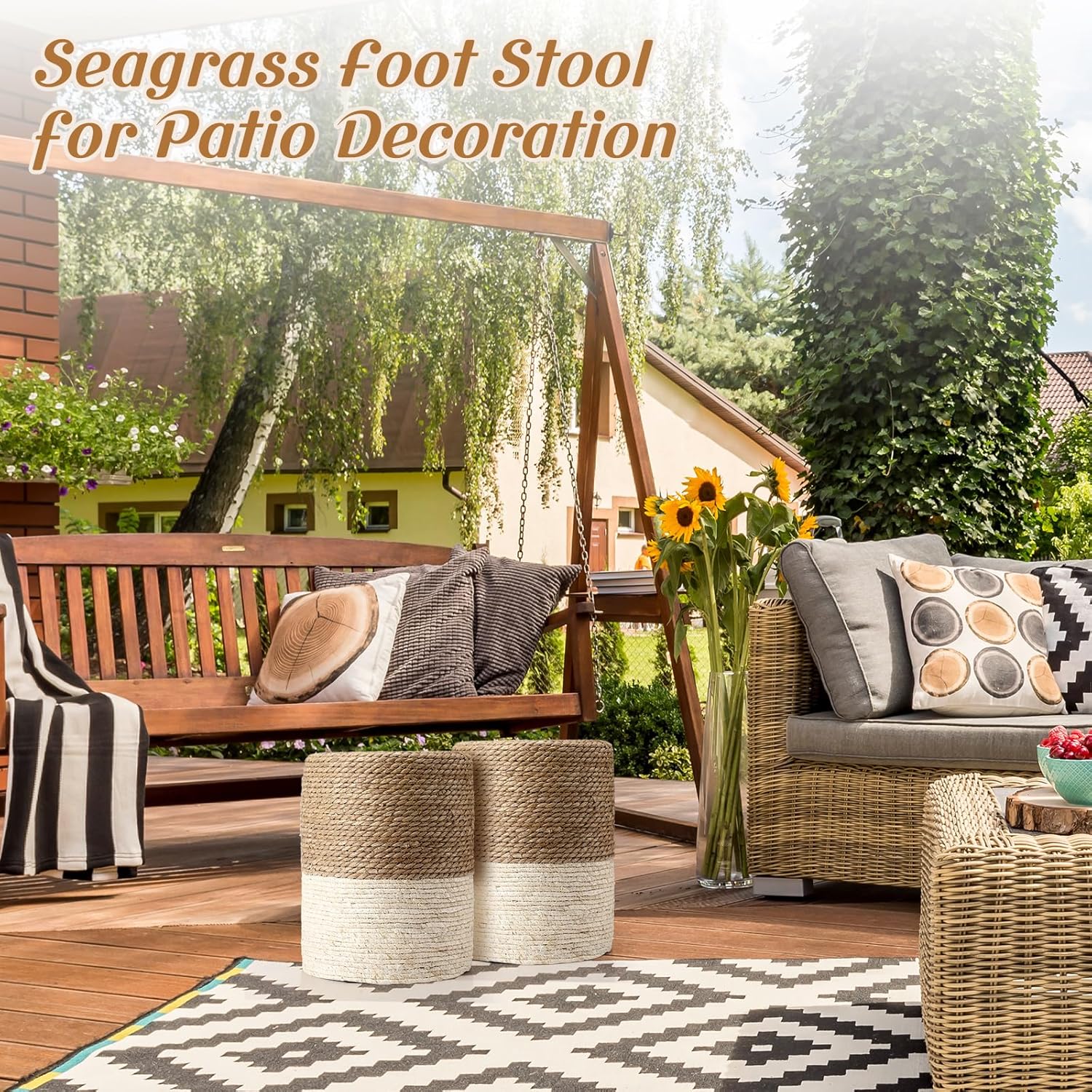 Barydat 2 Pcs 15'' Ottoman Pouf Natural Seagrass Braided Poof Hand Weaving Round Ottomans Boho Footrest Stool for Home Living Room Bedroom Patio(Natural and White)