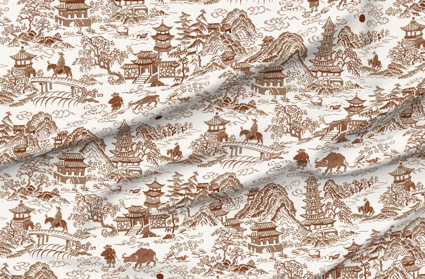 Spoonflower Fabric - Oriental Traditional Landscape Chinoiserie Pagoda Mountain Printed on Petal Cotton Fabric Fat Quarter - Sewing Quilting Apparel Crafts Decor