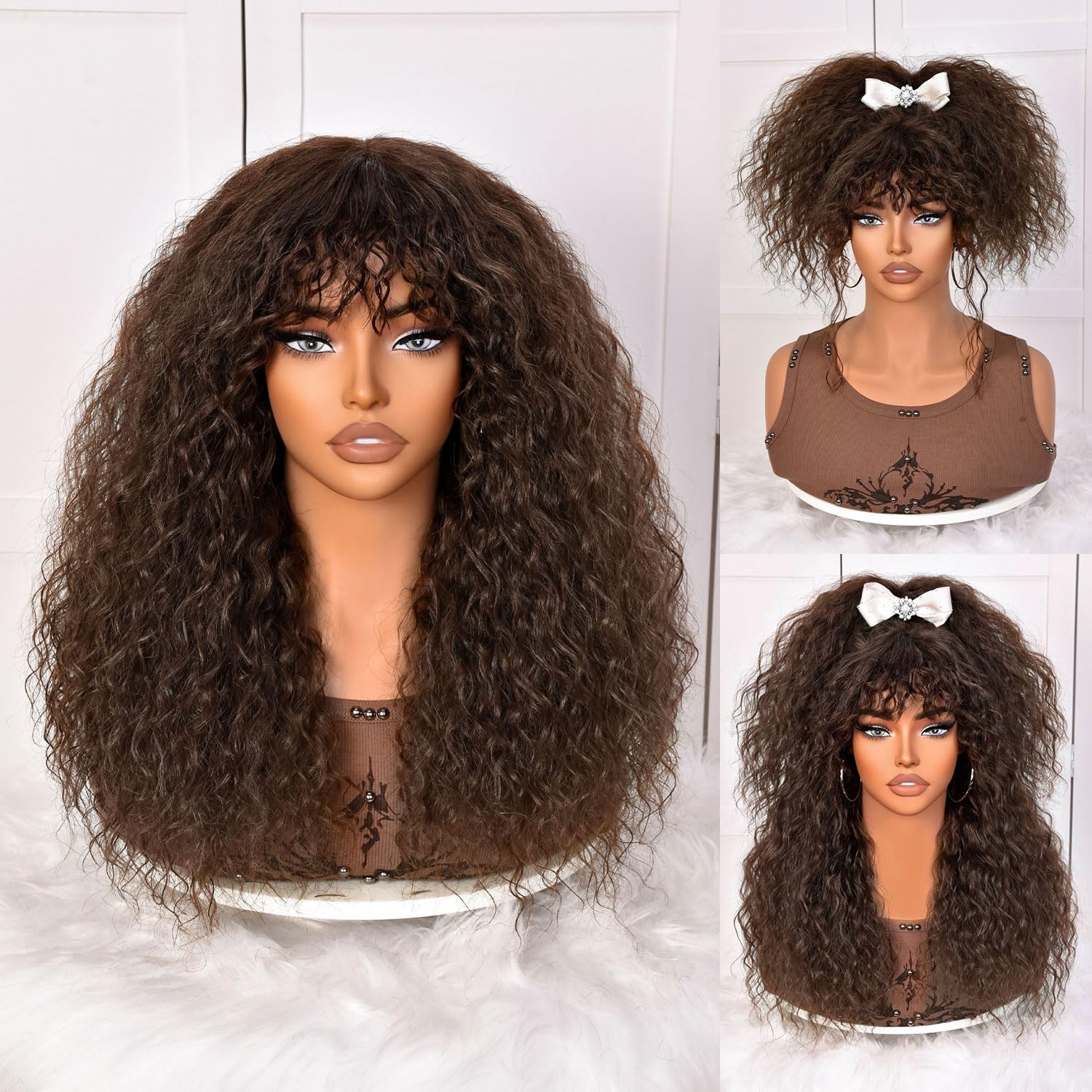 Lizzy Curly Wig With Bangs for Black Women Long Curly Human Hair Blend Premium Fiber Glueless Wig for Daily18Inch (Dark Brown)