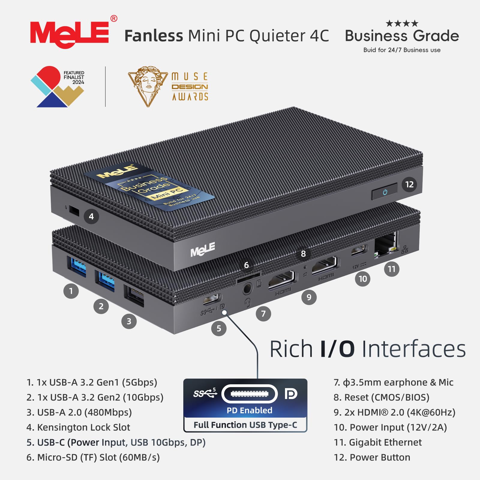 Mini PC MeLE Quieter 4C, N100 de 12ª geração, sem ventilador, 16