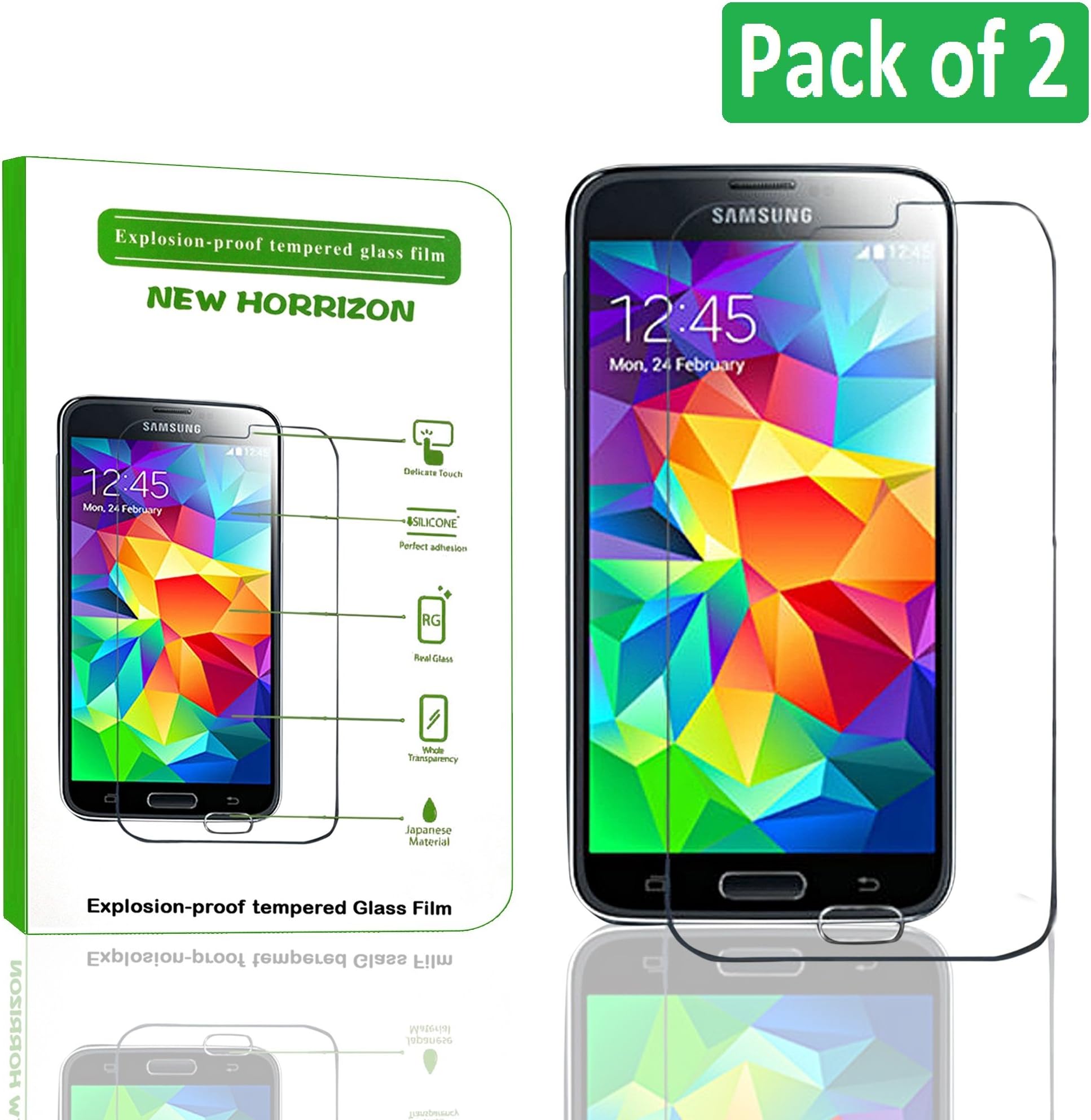 New Horrizon - Anti Scratch Tempered Glass Explosion Proof Screen Protector for Samsung Galaxy S5 Premium Crystal Clear 9H Hardness Anti Shatter