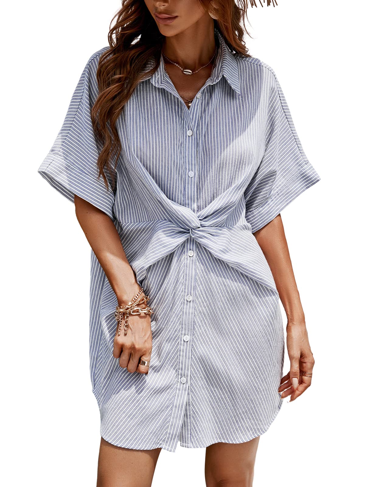 CUPSHE Hemdkleid für Damen Button-Down-Streifen, kurze Ärmel, kurz unten, lässig