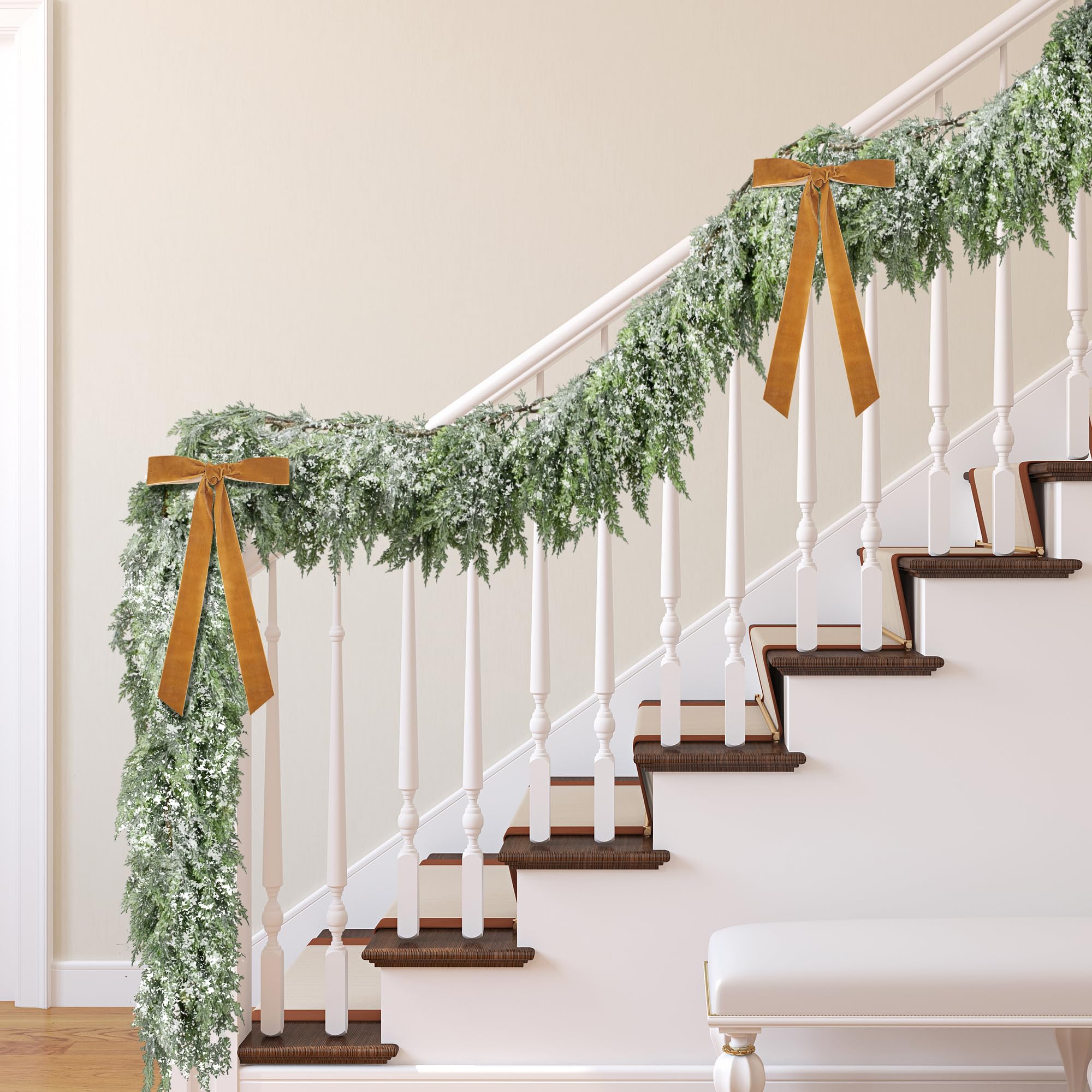 2 pcs christmas snow norfolk pine garlands, 6 ft white frost real touch artificial greenery garland, faux snowy pine cedar garland ornaments for mantle fireplace table indoor outdoor xmas decoration