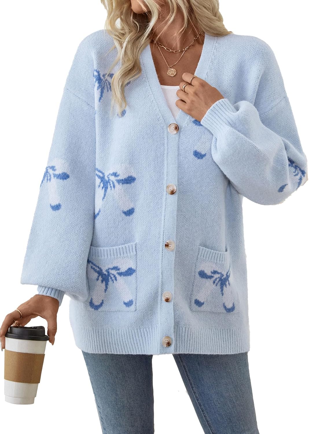 Womens Valentine Bow Pocket V Neck Cardigan Sweaters Spring 2026 Oversized Cute Button Pocket Long Sleeve Sweaters
