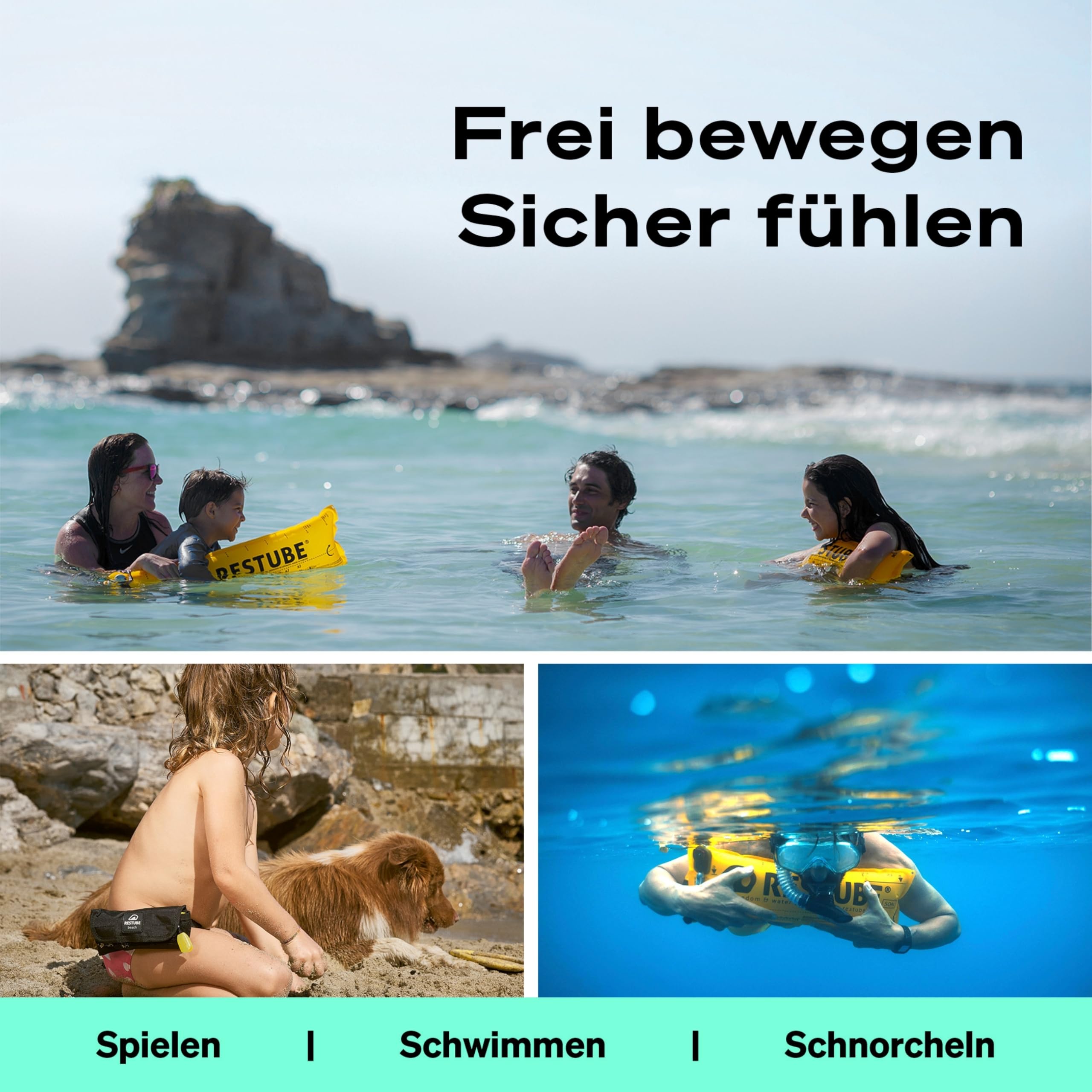 RESTUBE Beach CO2 Schwimmboje - Für EIN sicheres Gefühl im Wasser - auslösbare Rettungsboje - Schwimmboje für Erwachsene und Kinder ab 10 Jahre - Boje für SUP, Schwimmen, Schnorcheln & Schwimmhilfe