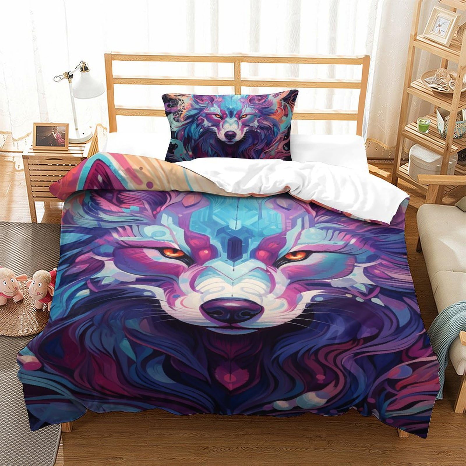 Housse de couette loup 3D anti-plis en microfibre zippée pour lit simple enfant sans repassage