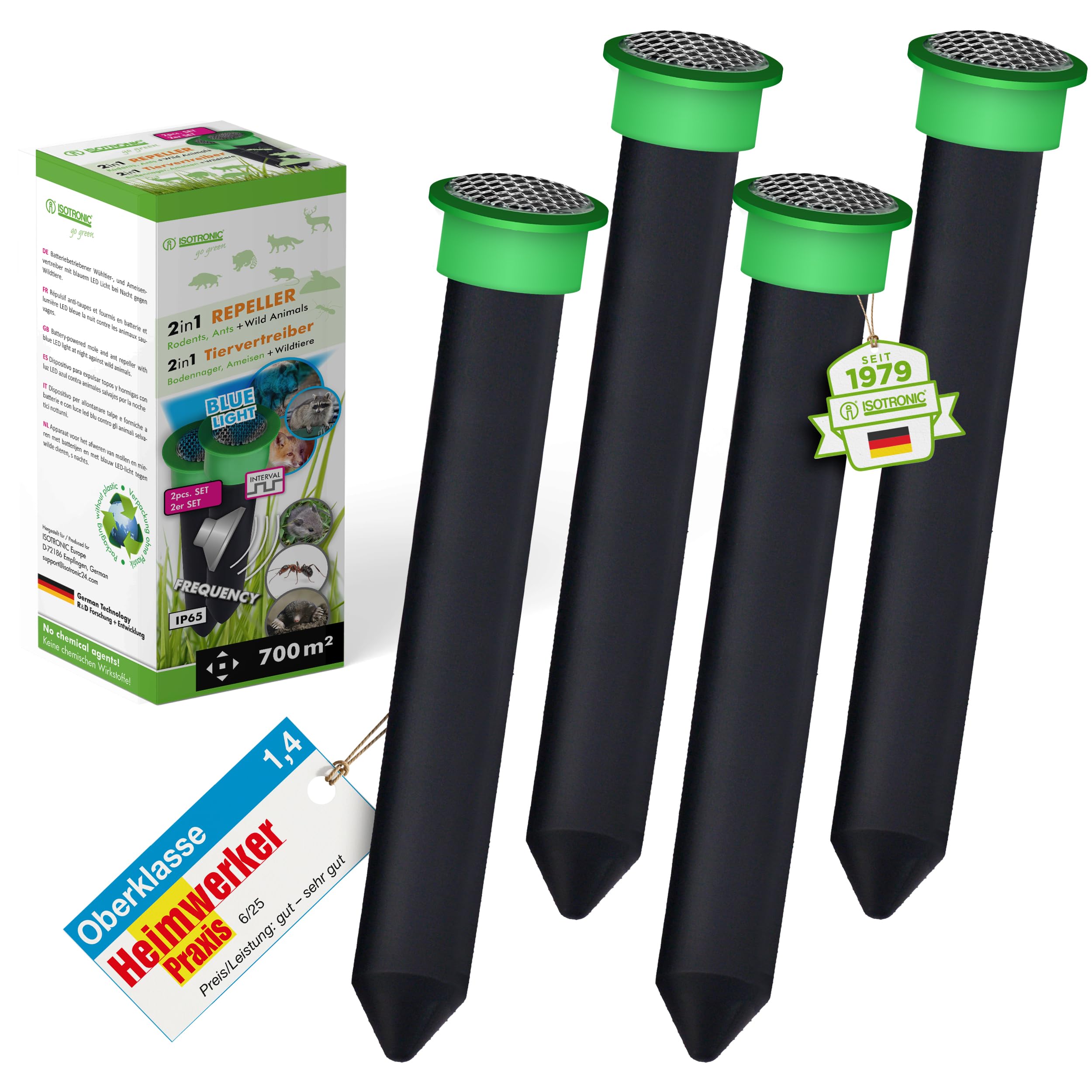 ISOTRONIC® Maulwurf Vertreiber Wühlmausschreck 4er Pack | Tradition seit 1979 | Maulwurfschreck wasserdicht IP65 | Plus blaues Licht gegen Wildtiere
