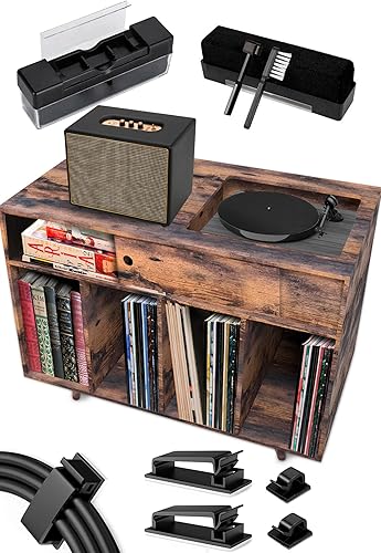 Soporte para tocadiscos - Soporte grande para tocadiscos con almacenamiento de vinilo, soporte para tocadiscos de madera, soporte para discos de