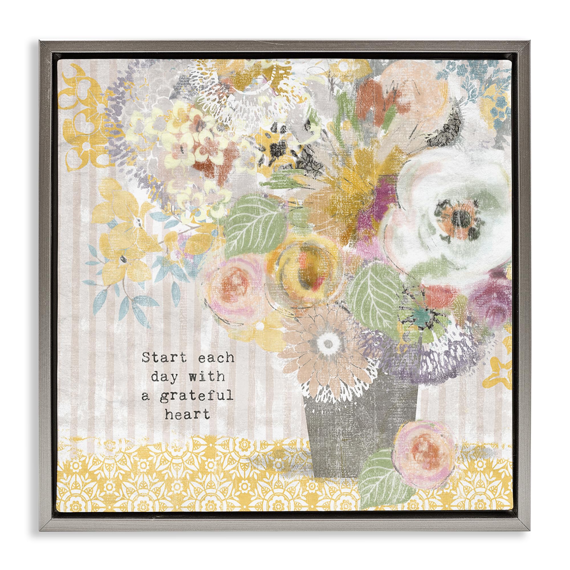 Stupell Industries Luster Gray (Matte) 'Floral Inspirations Grateful Heart'| Floating Frame Canvas Art