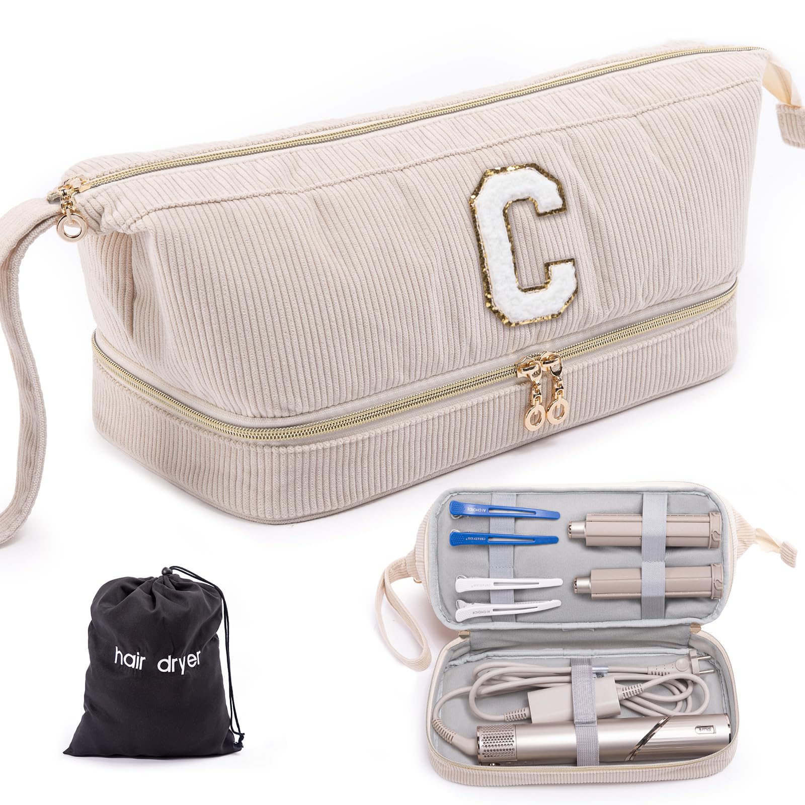 Initial Personalized Hair Dryer Case Double-Layer Hair Tools Travel Carrying Case for Shark FlexStyle SmoothStyle with Hair Dryer
