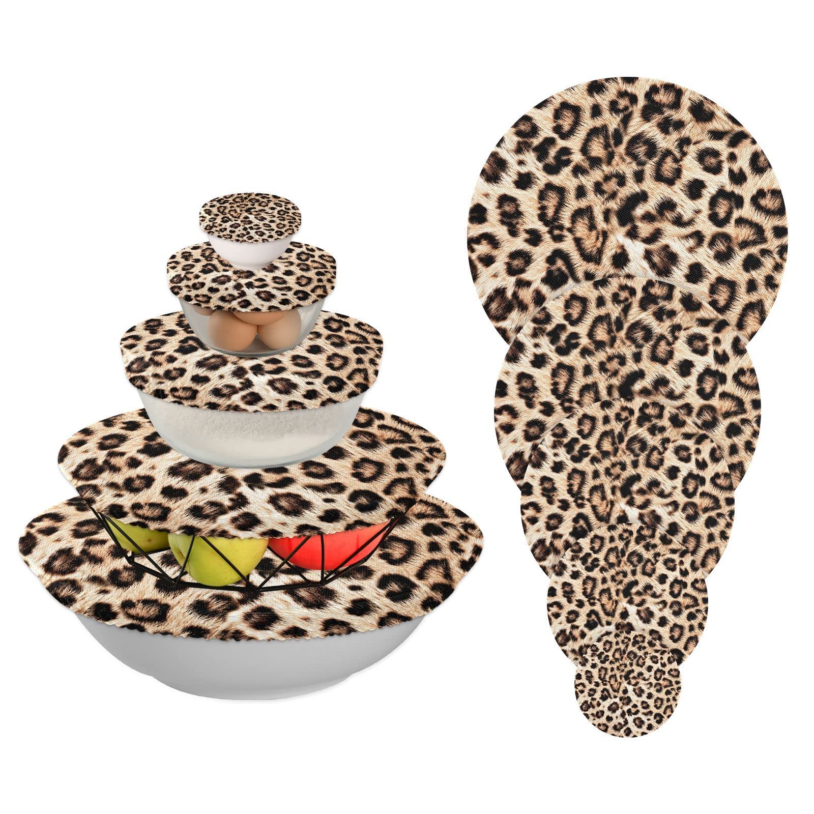 5 Pieces Reusable Bowl Covers, Leopard Print Animal 5 Size Stretch Cloth Fabric Food Storage Covers for Food Fruits Leftover, Dish Covers Elastic Lids for Kitchen Fridge Picnic