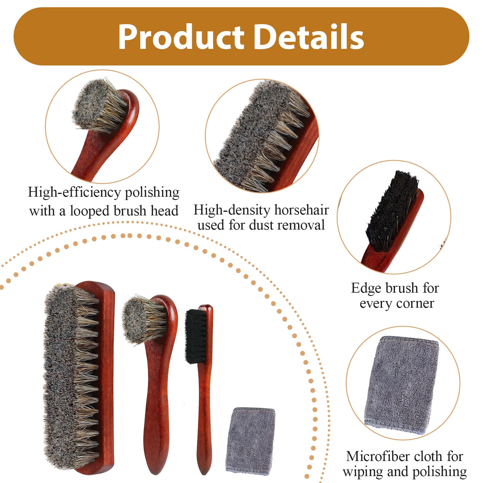 Brosses à Chaussures 4 Pièces, Crin de Cheval, Cuir Daim Cirage | 3 brosses en crin de cheval + chiffon microfibre pour cirage, nettoyage et entretien cuir, daim, bottes et sacs.