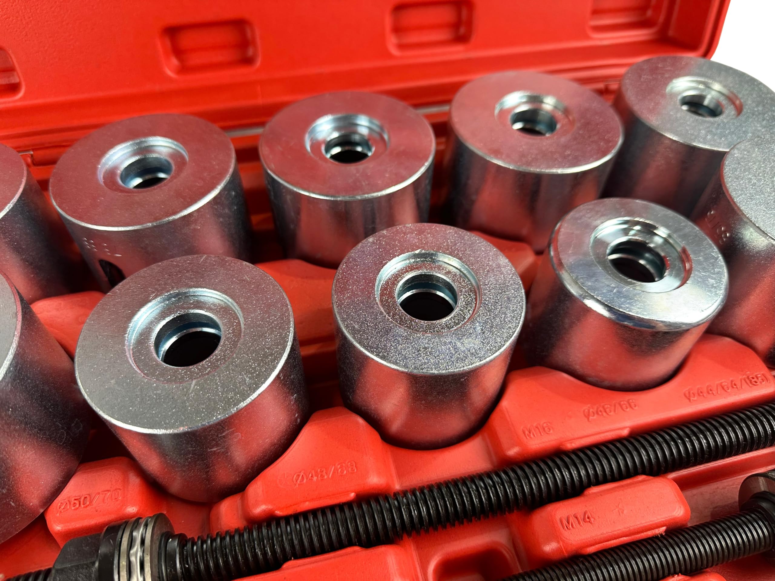 Set estrattore per Silent Block 34–90 mm e boccole con 22 Manicotti di pressatura e 5 Mandrini e Dadi, Kit per rimozione di boccole con Cuscinetti di Tenuta per Auto Camion