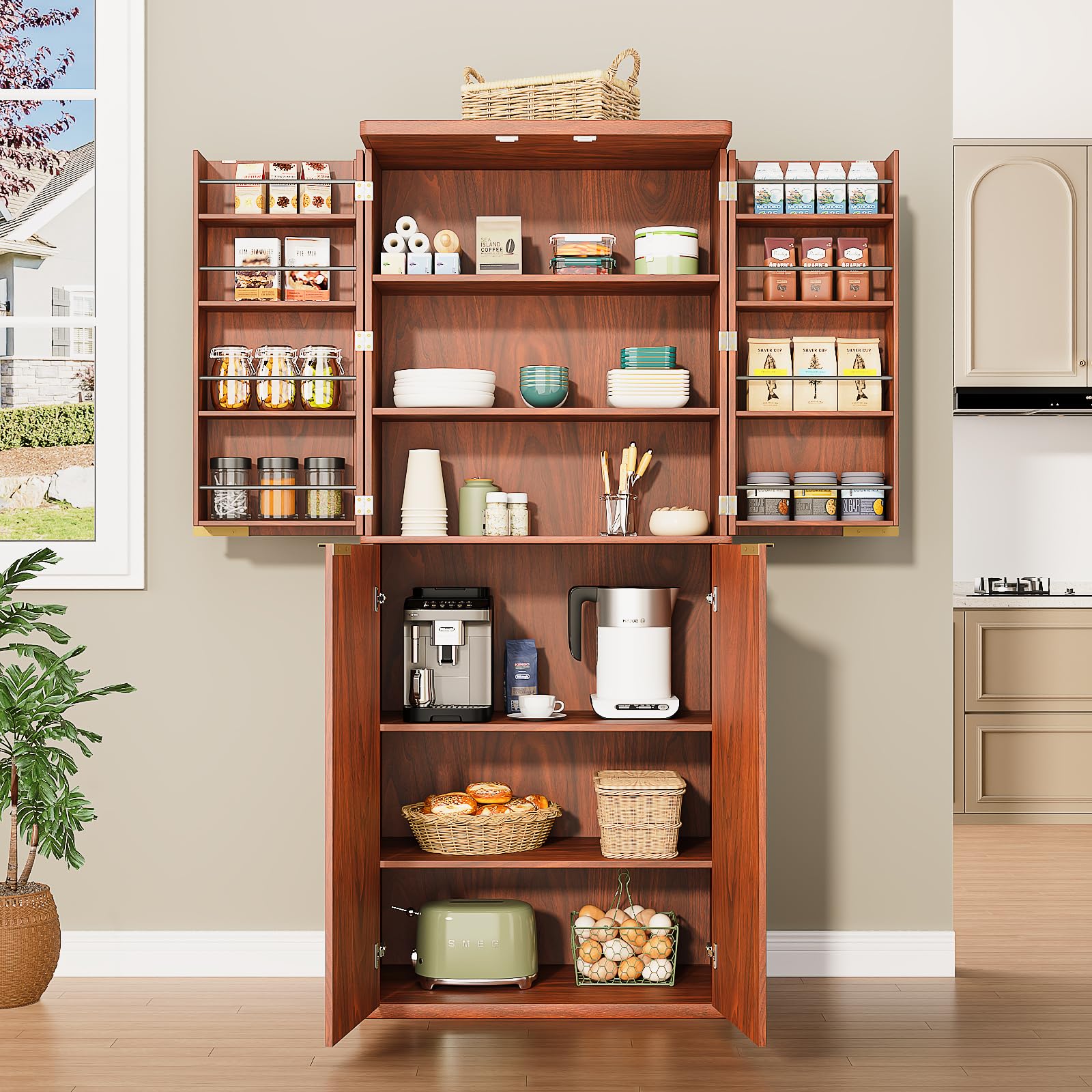 Ball &amp; Cast 72″ Fluted Pantry Cabinet,Versatile Wood Storage Cabinet with 4 Adjustable Shelves,6 Door Shelves,Moden Kitchen Cabinet w/Anti-Tip Safety for Kitchen,Dining Room,Living Room,Walnut