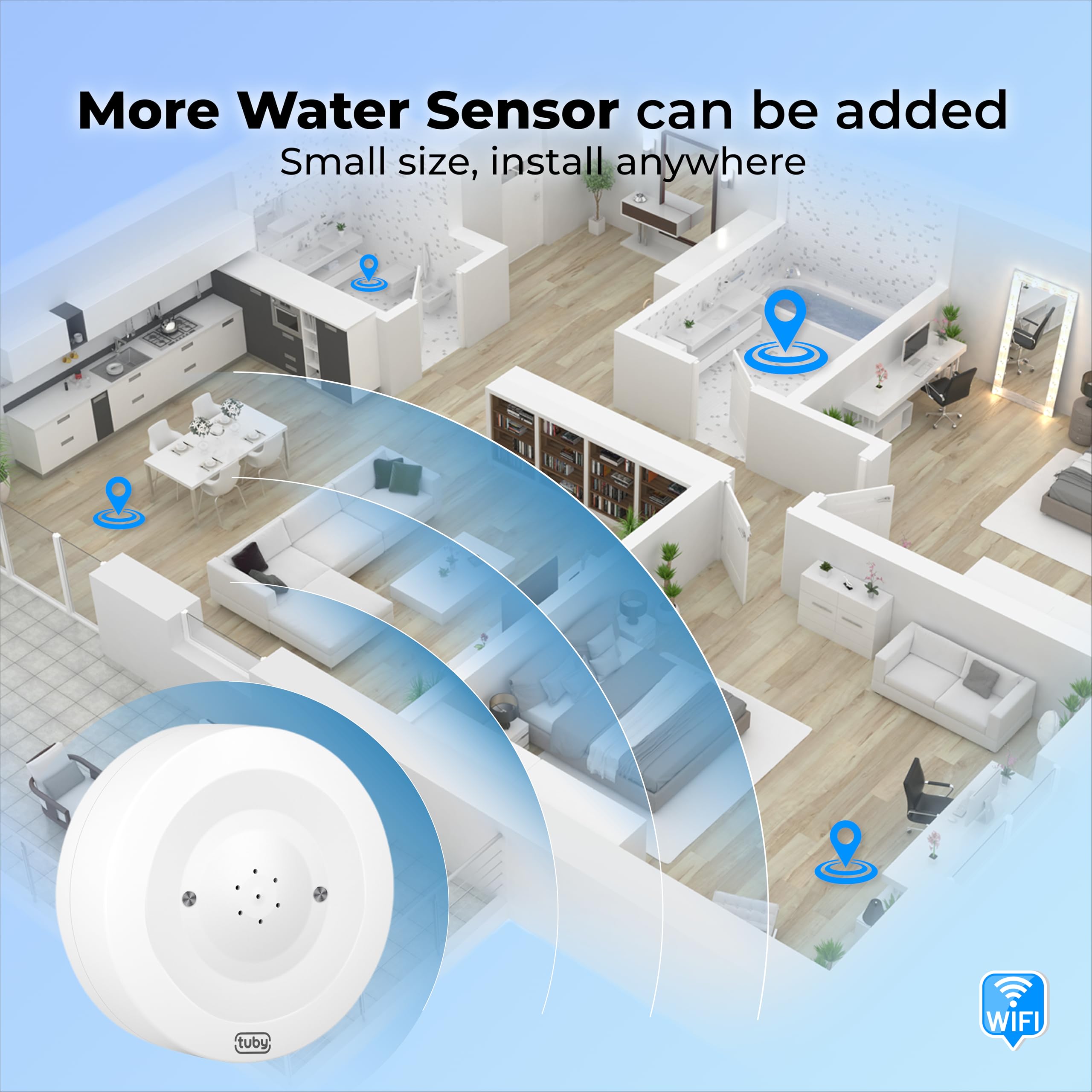 TUBY Detector de fugas de agua WiFi, no requiere concentrador, fácil instalación, sensor inteligente para el hogar, sótano, cocina, baño, sensor de humedad, inalámbrico, IP55, 80 dB, alarma de