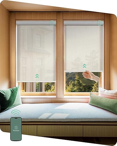 Vista 14 de Yoolax Persiana solar motorizada con control Romote para filtrar la luz, persianas enrollables con visión transparente (gris)