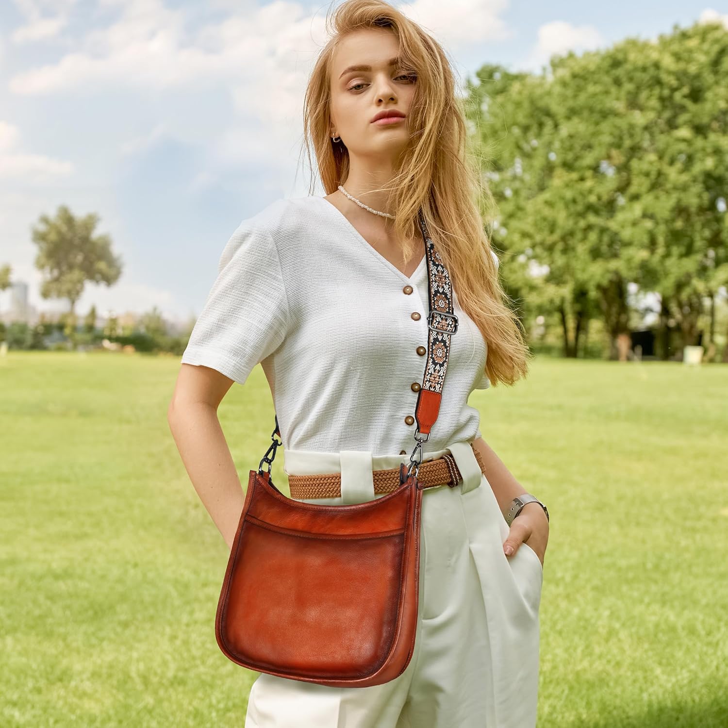 Iswee Crossbody Bags for Women Genuine Leather Purses Vintage Shoulder Handbags Travel Cross Body Bag with Boho Strap - Image 2