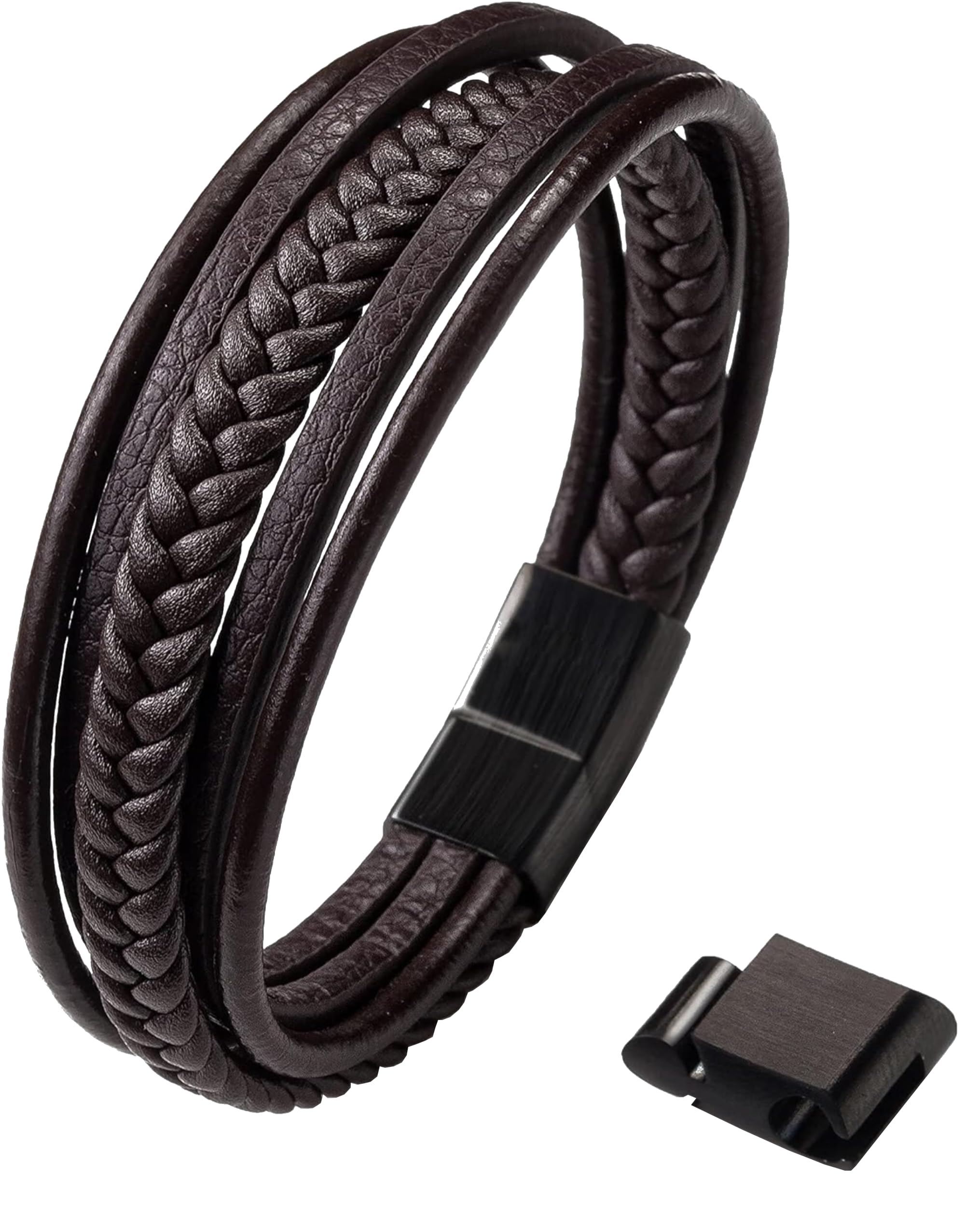 Bracelet en cuir pour ado garçon/jeune homme – Cuir véritable, fermoir aimanté acier inoxydable, taille ajustable 14 à 18,5 cm, coffret cadeau