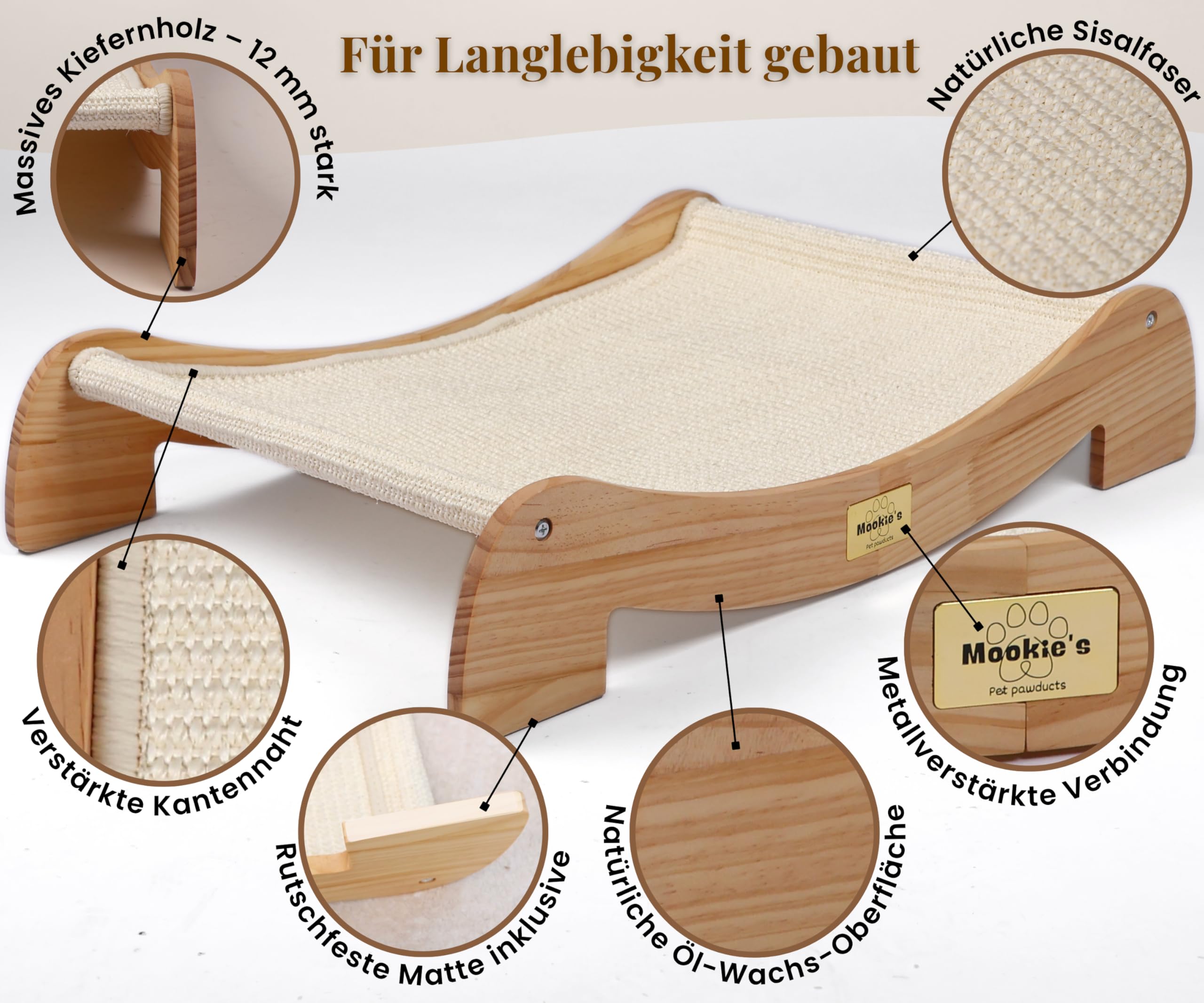 Mookie’s Kratzbrett für Katzen XL 67x42 cm – 2-in-1 Katzenliege & Kratzsofa aus Massivholz – Natursisal Kratzfläche – für Katzen jeder Größe