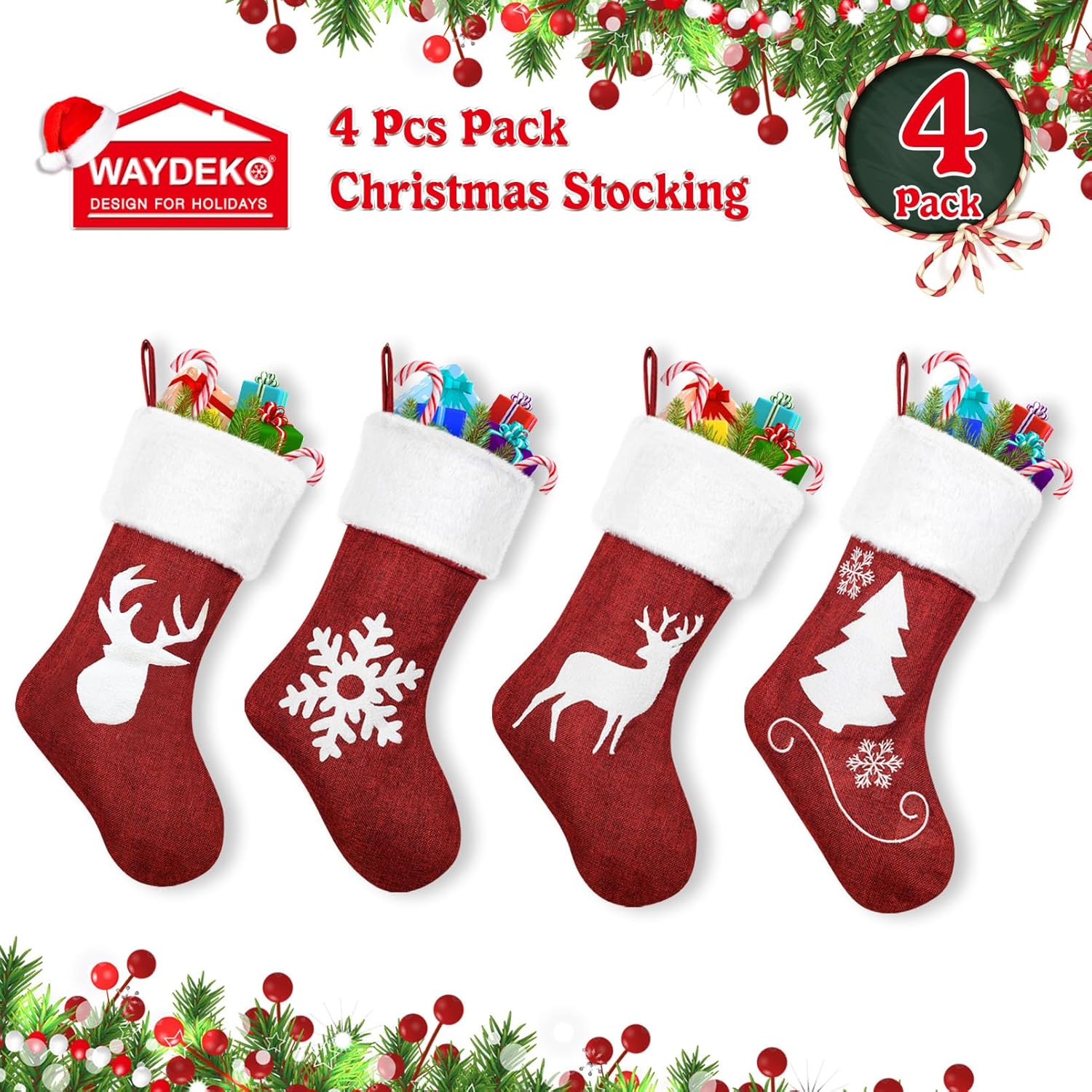 Christmas Stockings Set of 4 Embroider Deer Christmas Tree Snowflake Fabric Cuff Gift Bags for Kids Holiday Fireplace Hanging Christmas Party Decorations (Stocking-S4-18IN)