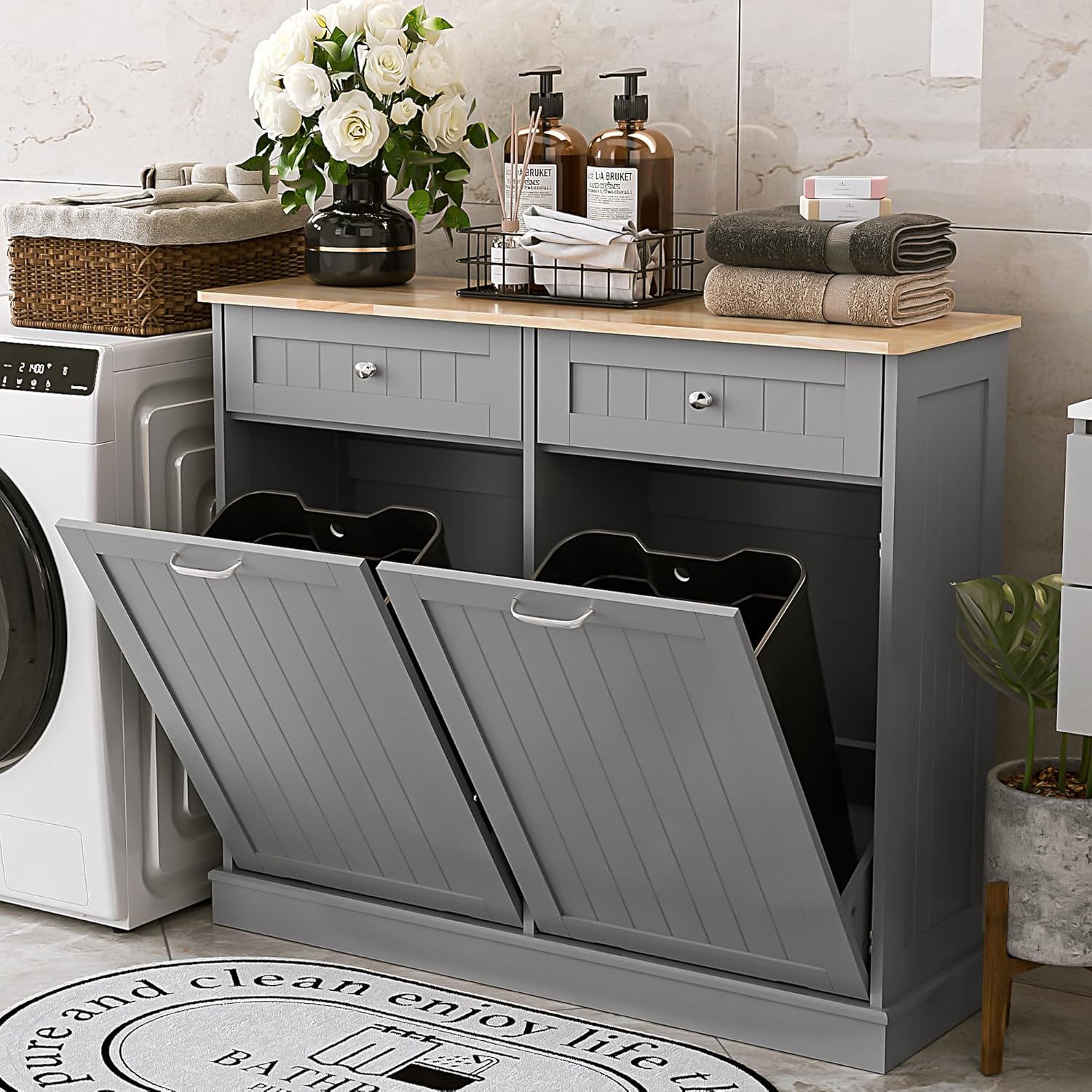 Spurgehom Double Tilt Out Trash Cabinet Kitchen Island,Laundry Hamper Pull Out Trash Can Cabinet 2X13 Gallon Freestanding Pet Proof Trash Can Garbage Can Holder for Living Room Dining Room,Grey