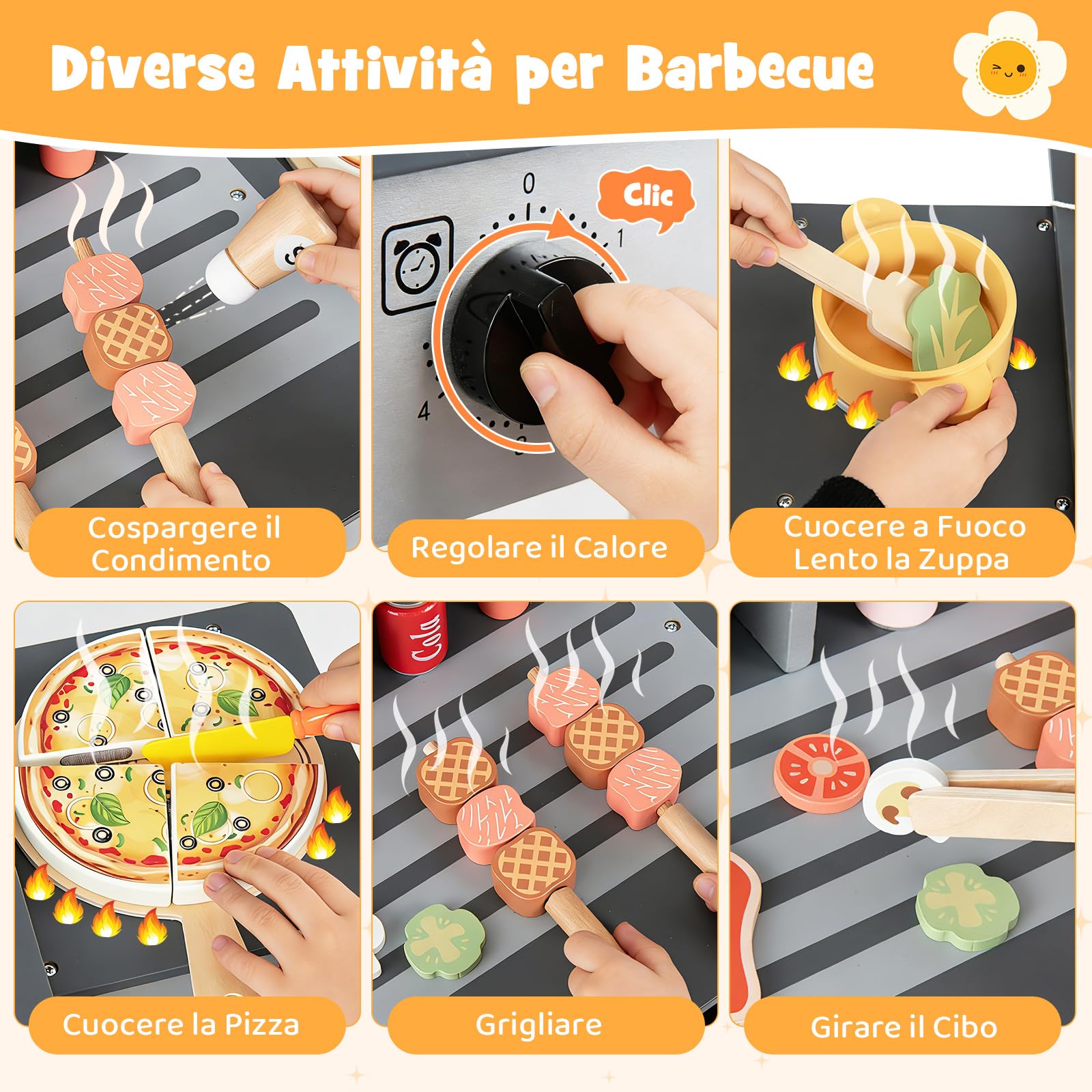 COSTWAY Set di Gioco per Barbecue in Legno per Bambini, Gioco di Griglia per Bambini con 2 Grill, Coperchi Ribaltabili, Ricchi Accessori e Cibi Giocattolo, per Bambini 3+ Anni
