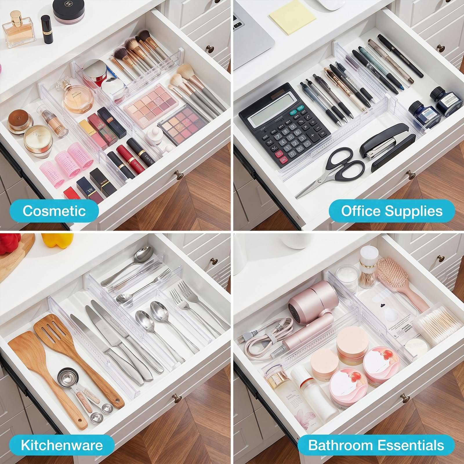 Set di 8 Divisori per Cassetti Regolabili | Separatori Trasparenti (Lunghezza: da 28,7 a 50,5 cm) | Divisori Organizer per Cucina, Guardaroba, Scrivania e Cassettiera