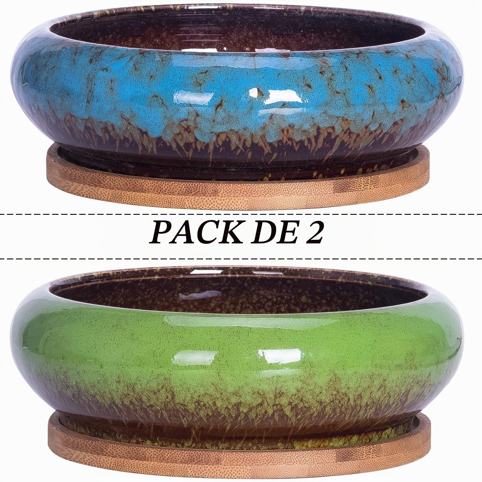 Macetas, macetas Grandes para Plantas suculentas con Drenaje Pack de 2, macetas Poco Profundas para bonsáis con bandejas Macetas de cerámica para Plantas de Interior Cactus