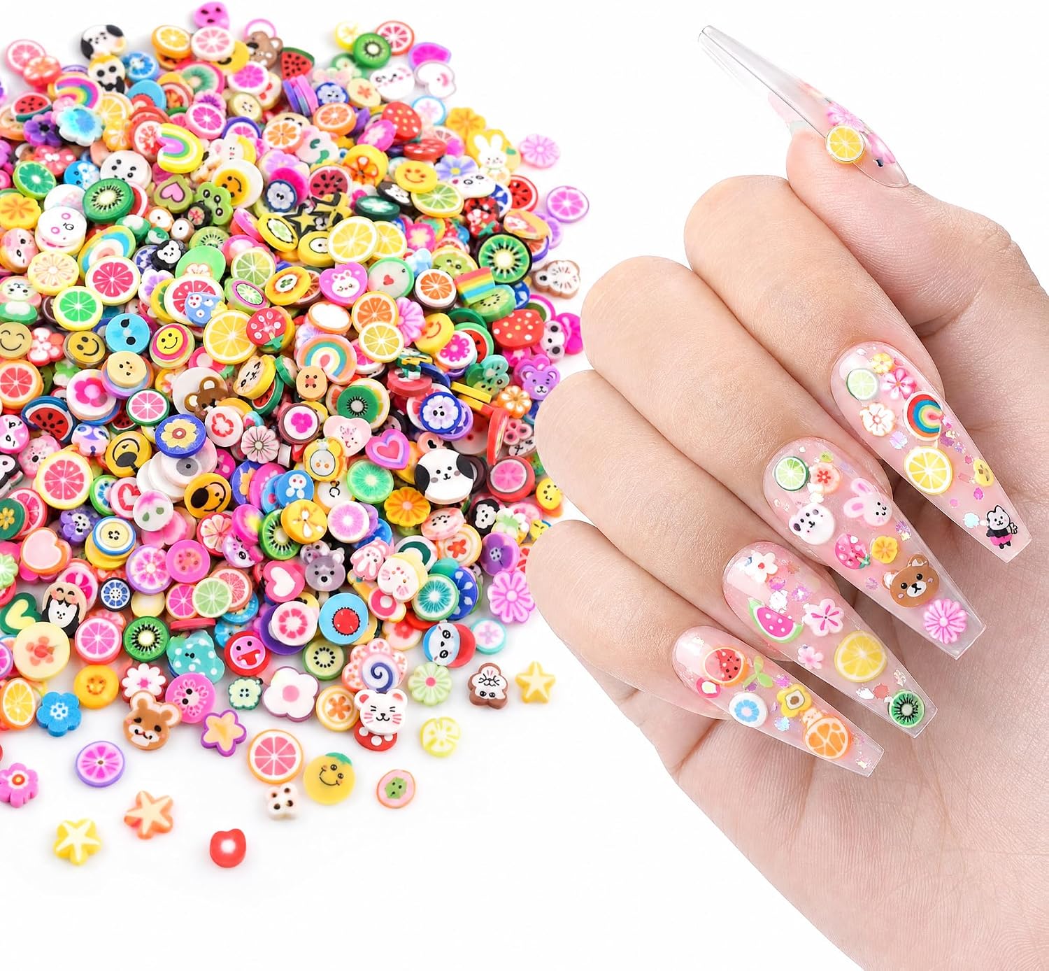 YOJO 1000Pcs Mixed Nail Art Charms Polymer Clay Slices Cartoon Fruit Smile Rainbow Nail Decorations DIY Craft Supplies Cute Kawaii Accessories Gift for Women(Multicolor Cartoon)