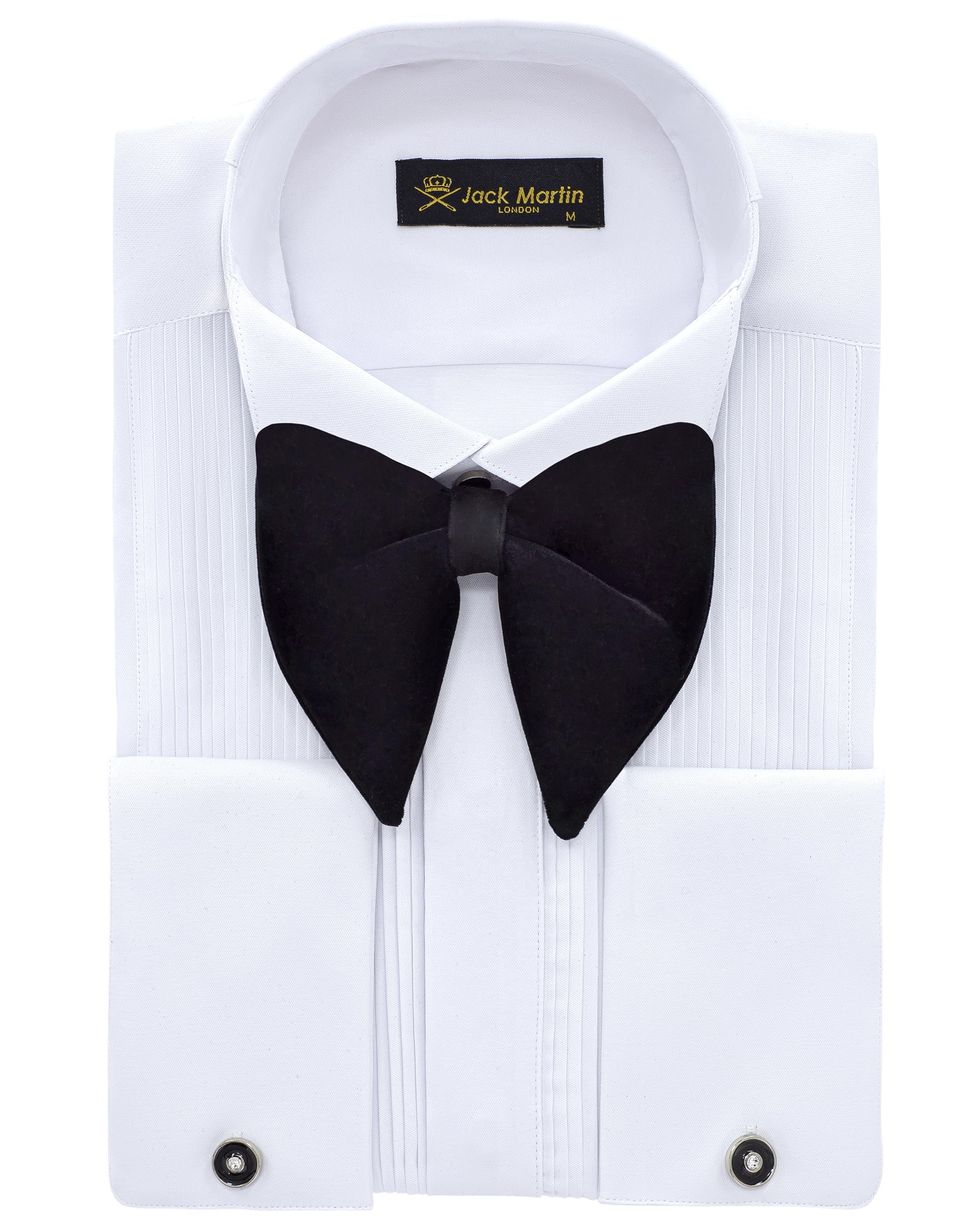 Men's White Wing Collar Tuxedo Shirt with French Cuffs | Set Incl. Cufflinks & Black Bow Tie | Luxe Dress Shirts for Men