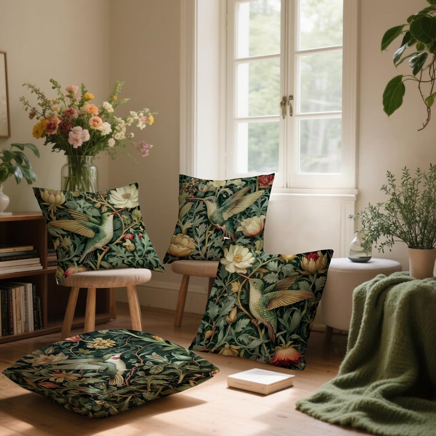 Vintage William Morris Hummingbird Pillow Cover 18x18 Set of 4,Rustic Green Hummingbird Bird Animal Floral Botanical Print Decorative Throw Pillow Covers for Home Bedroom Living Room