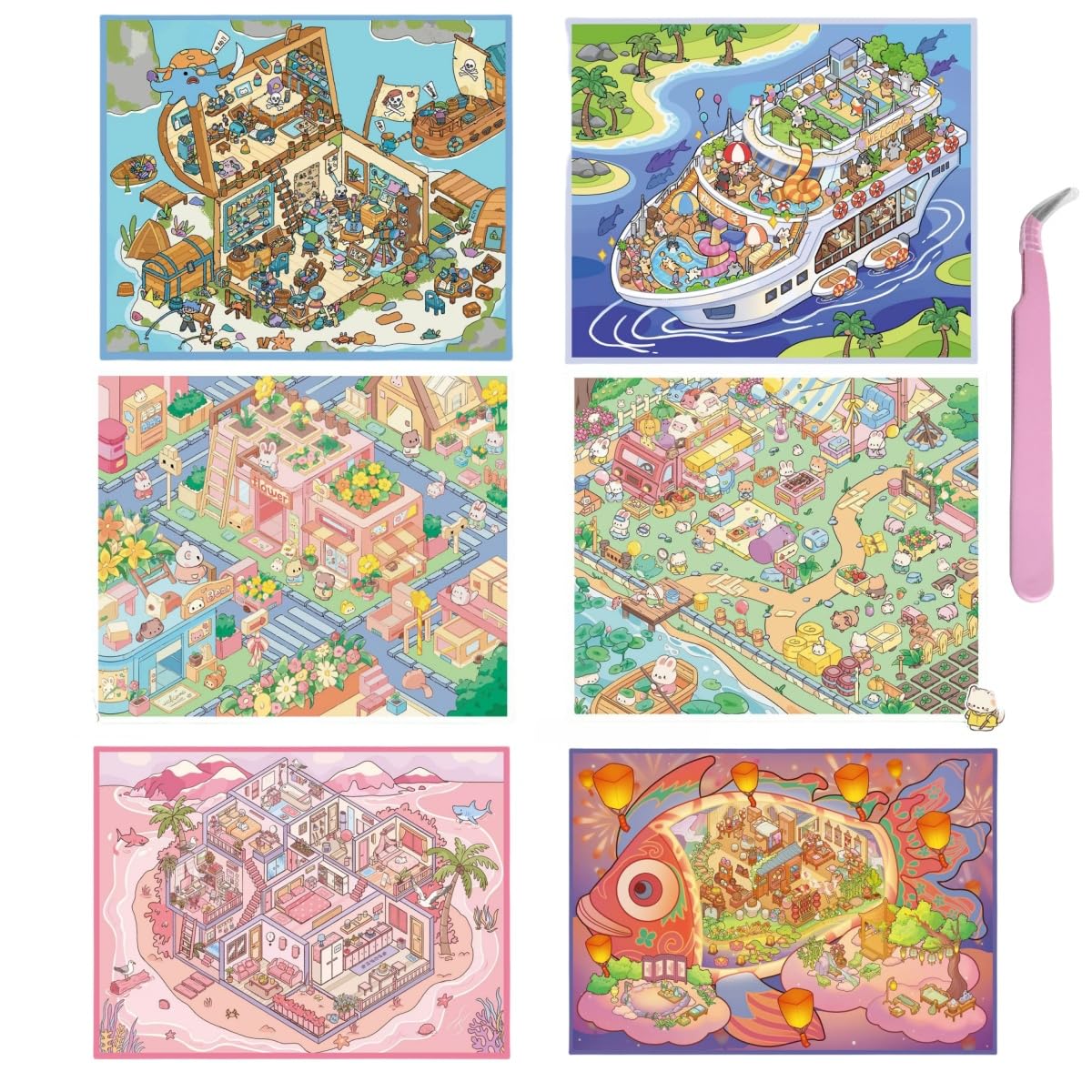 Luzhans 6 Sets DIY 3D Haus Aufkleber Große -Version 3D-Szene Aufkleber für Erwachsene und Kinder Fun 3D Sticker Scene Miniatur Haus Sticker mit Pinzette Sticker Therapy Relief Stress