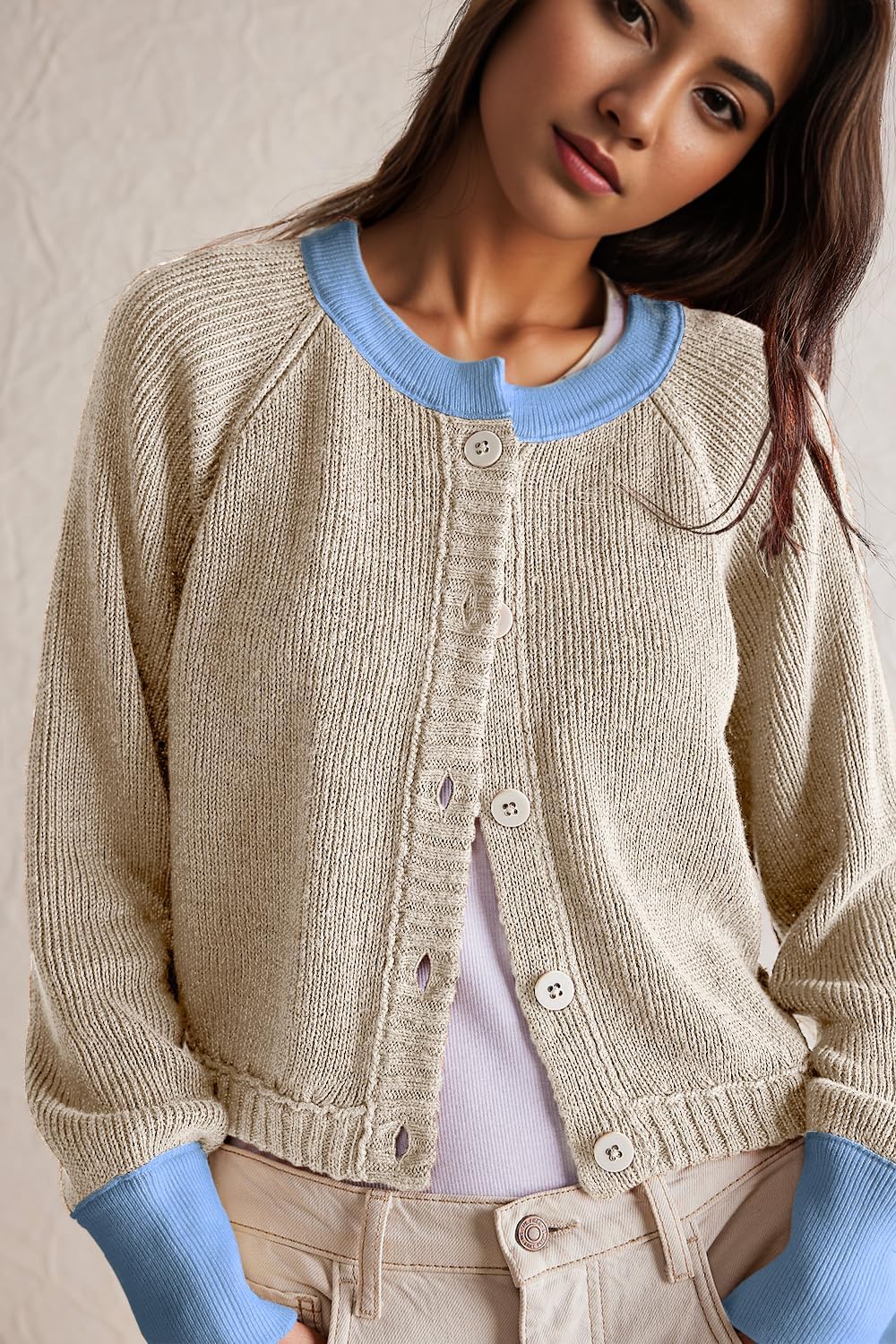 UNCLECAT Women's Cropped Cardigan Sweaters Fall Long Sleeve Open Front Cardigans Button Down Color Block Knit Outwear Coats - Image 2