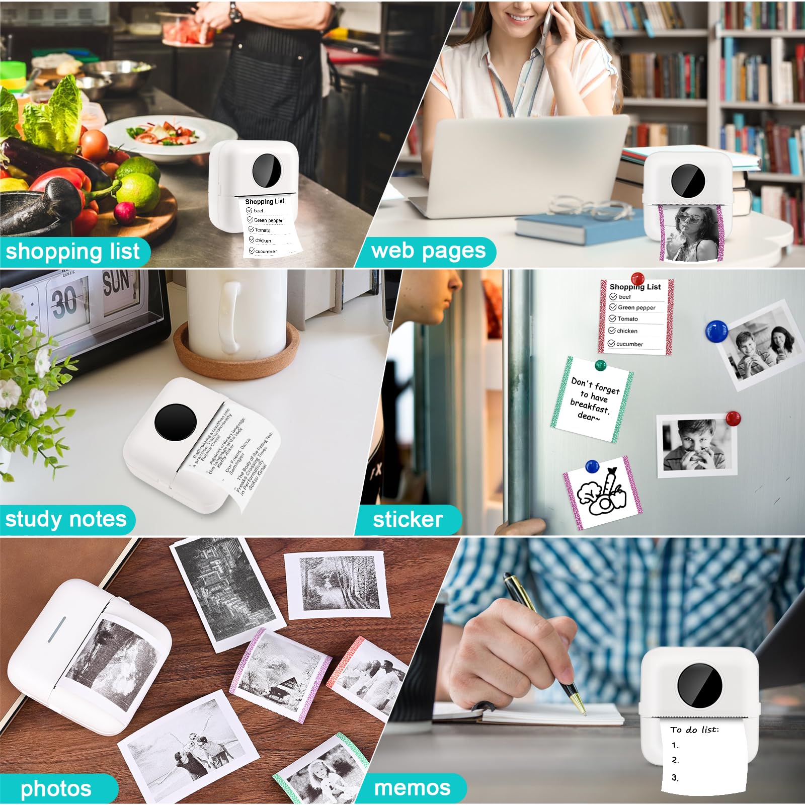 GuKKK Mini drukarka, mobilna drukarka fotograficzna, przenośna, bezprzewodowa drukarka termiczna, 13 rolek papieru do drukarki i 5 kredek, pomoc w nauce, notatek, notatek, listy