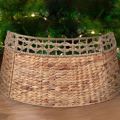 Collar de árbol de Navidad, anillo rústico para árbol de Navidad, falda de árbol de Navidad de jacinto de agua natural, cubierta de soporte para
